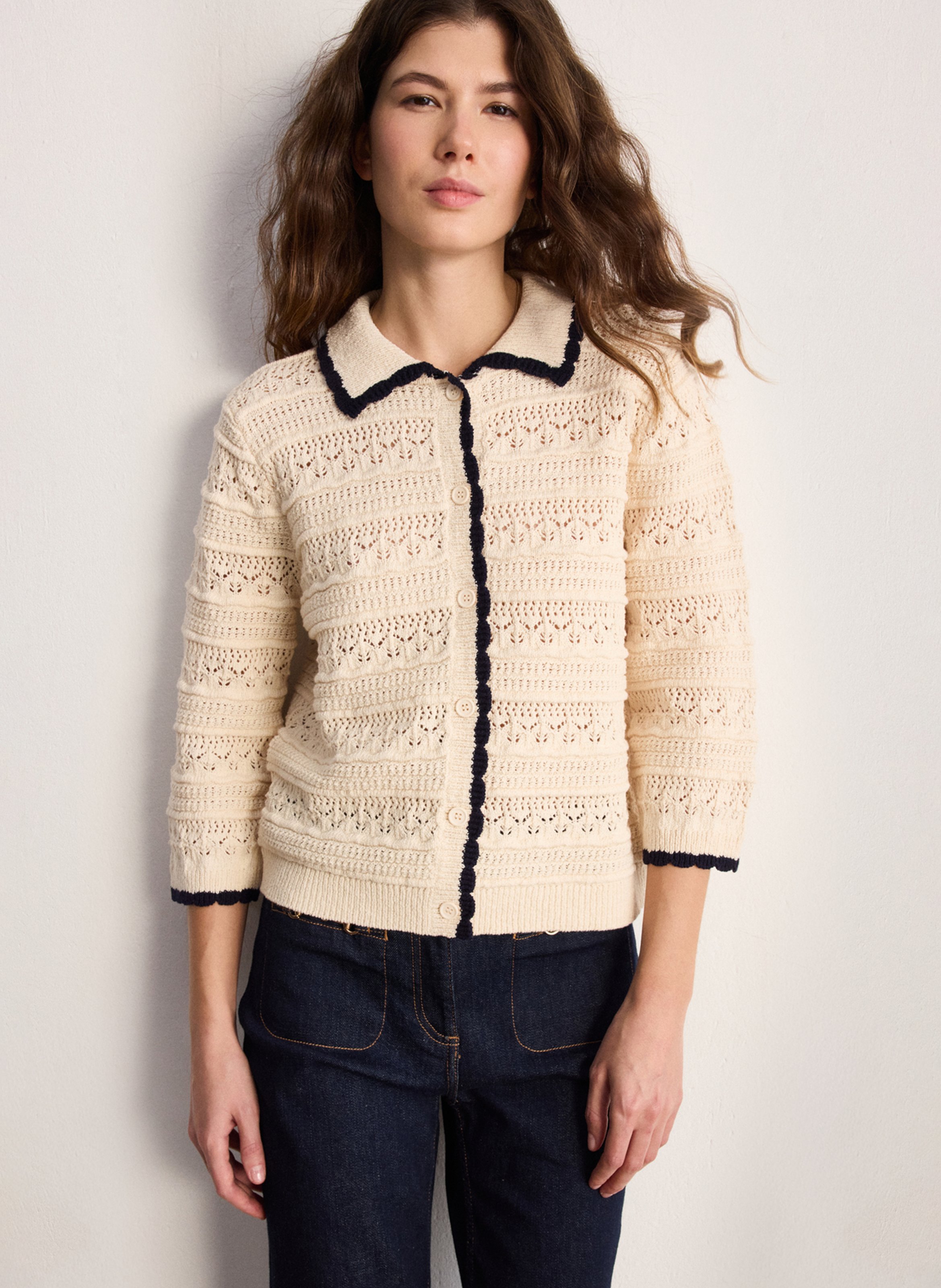 Gilet droit col classique en coton mélangé ajouré PABLO Beige