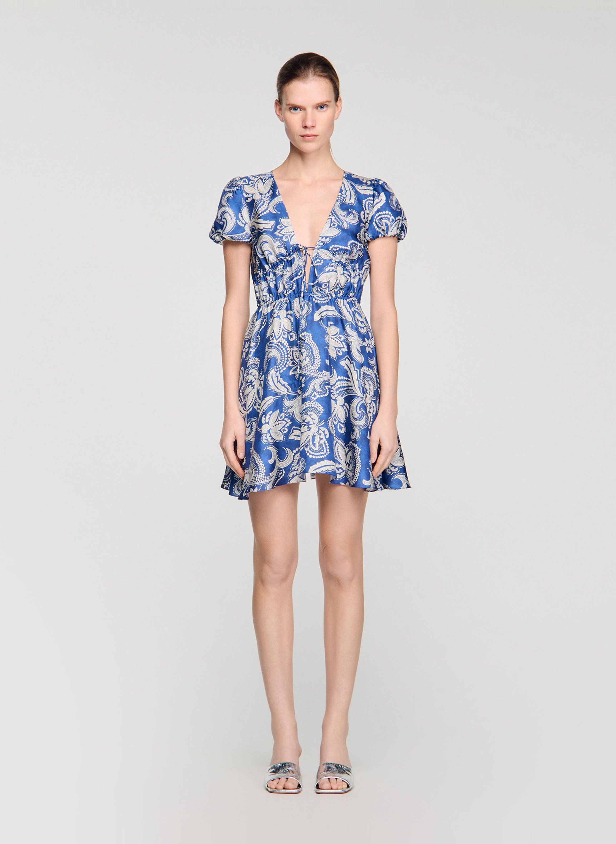 Robe courte col V imprimée SANDRO Bleu