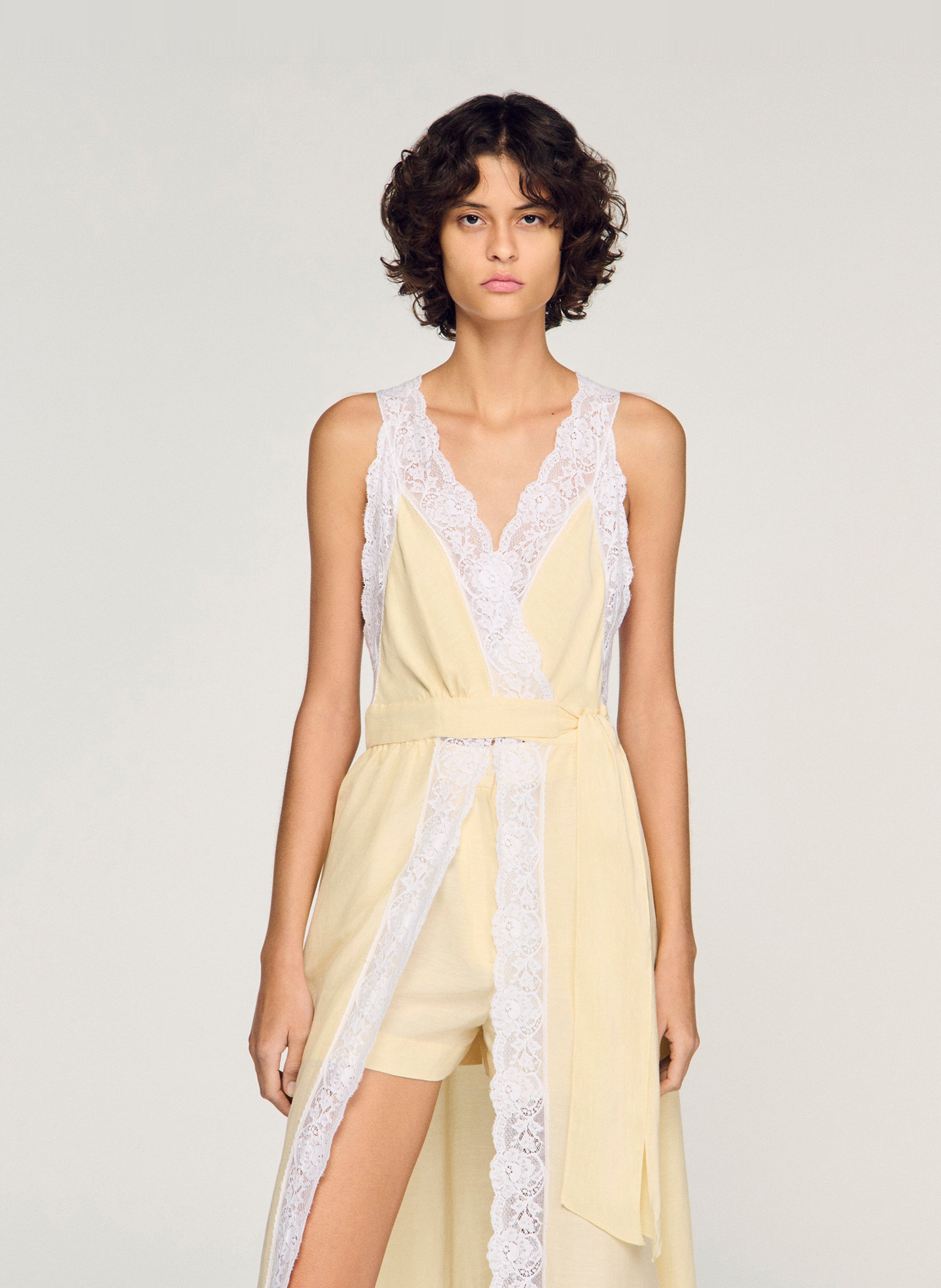 Robe longue col V en lin mélangé SANDRO Beige