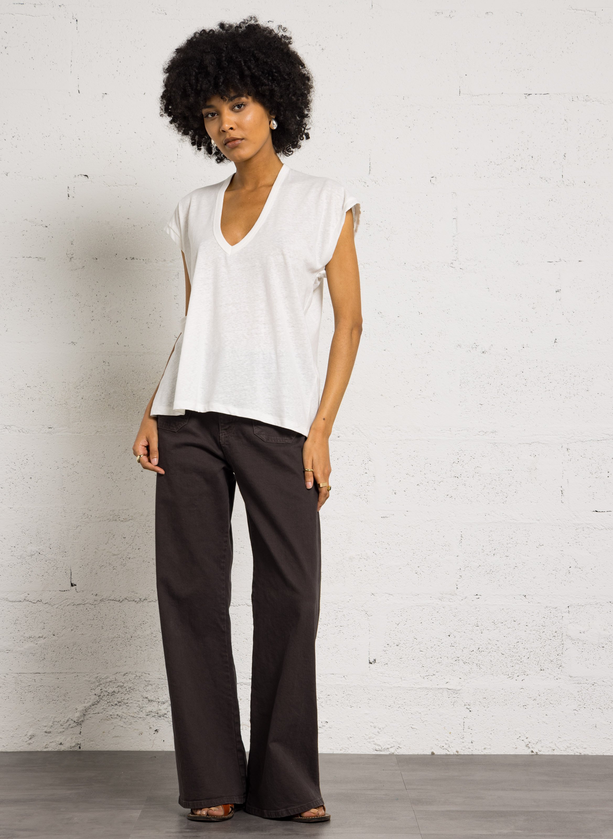 Tee-shirt oversize col V en lin et coton IMPERIAL Blanc