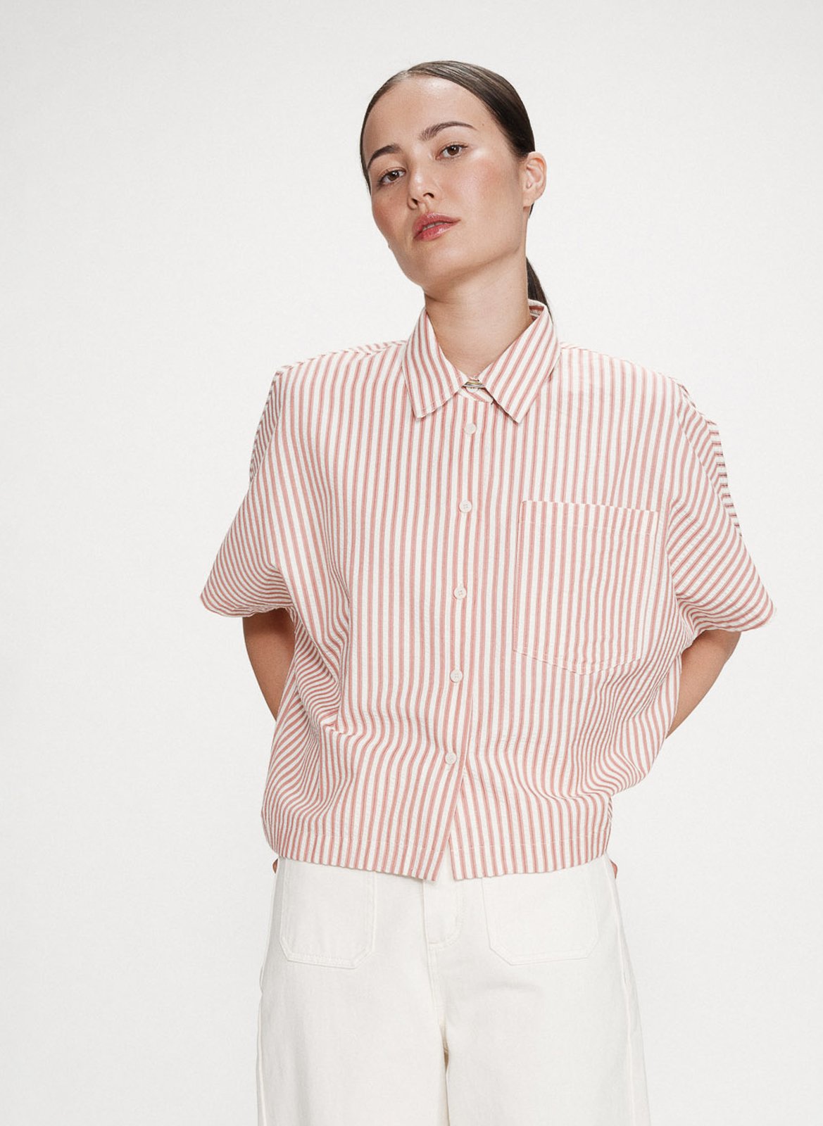 Cotton and linen shirt with classic collar GRACE ET MILA Pink