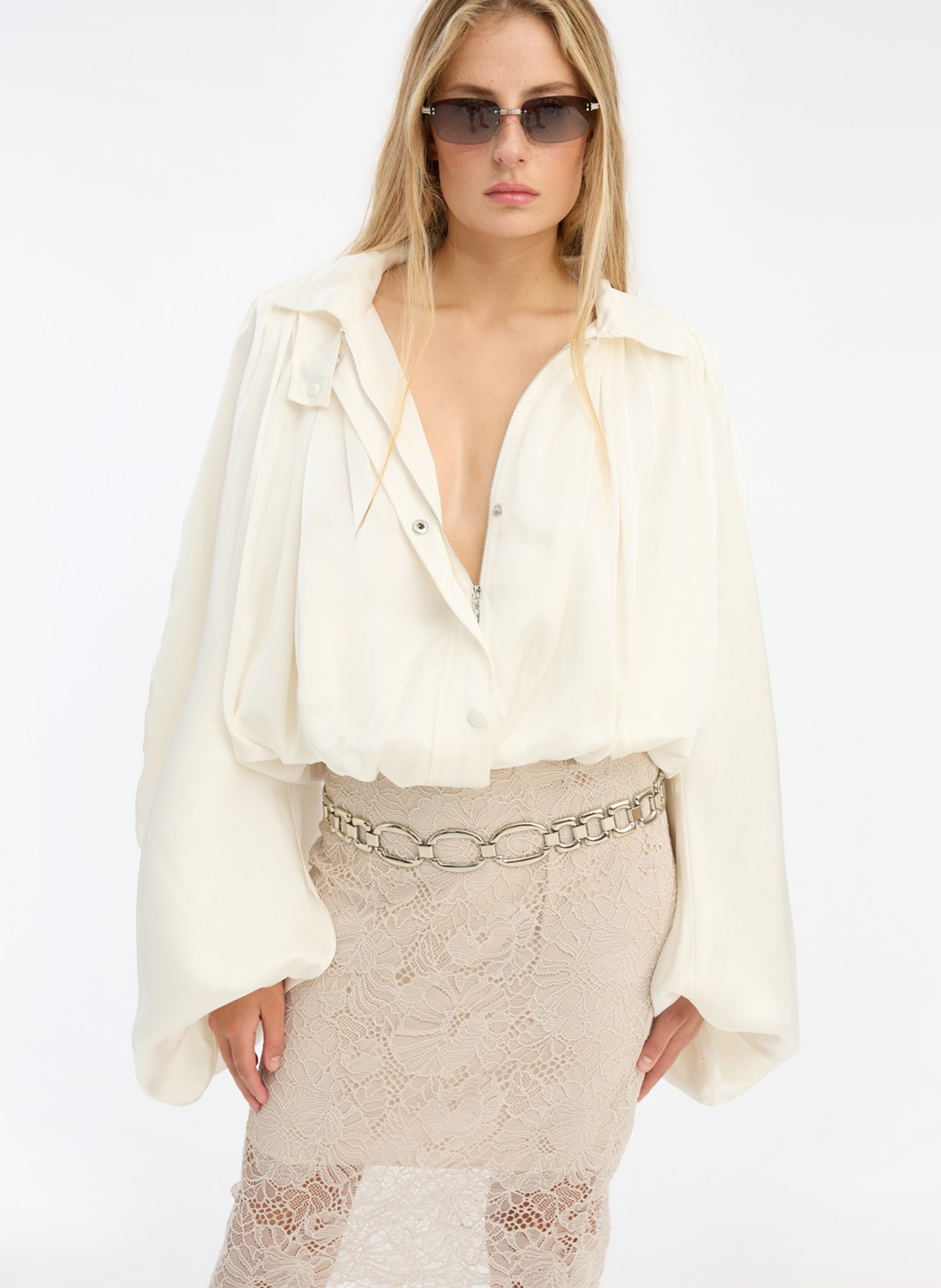 Satin high-neck loose blouse ROTATE White