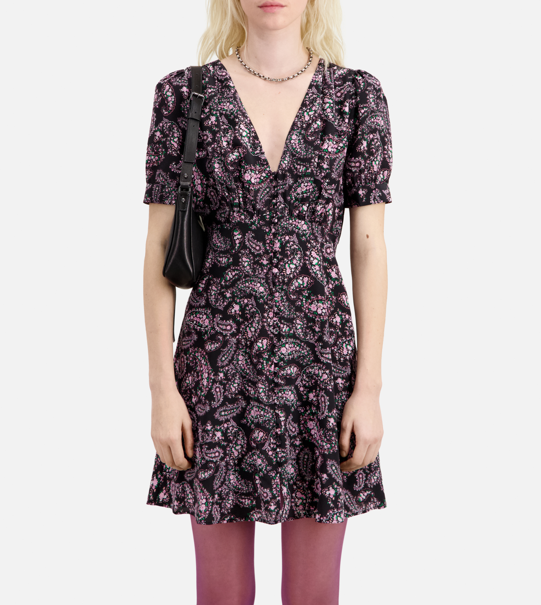 Robe courte col V imprimée en soie THE KOOPLES Noir