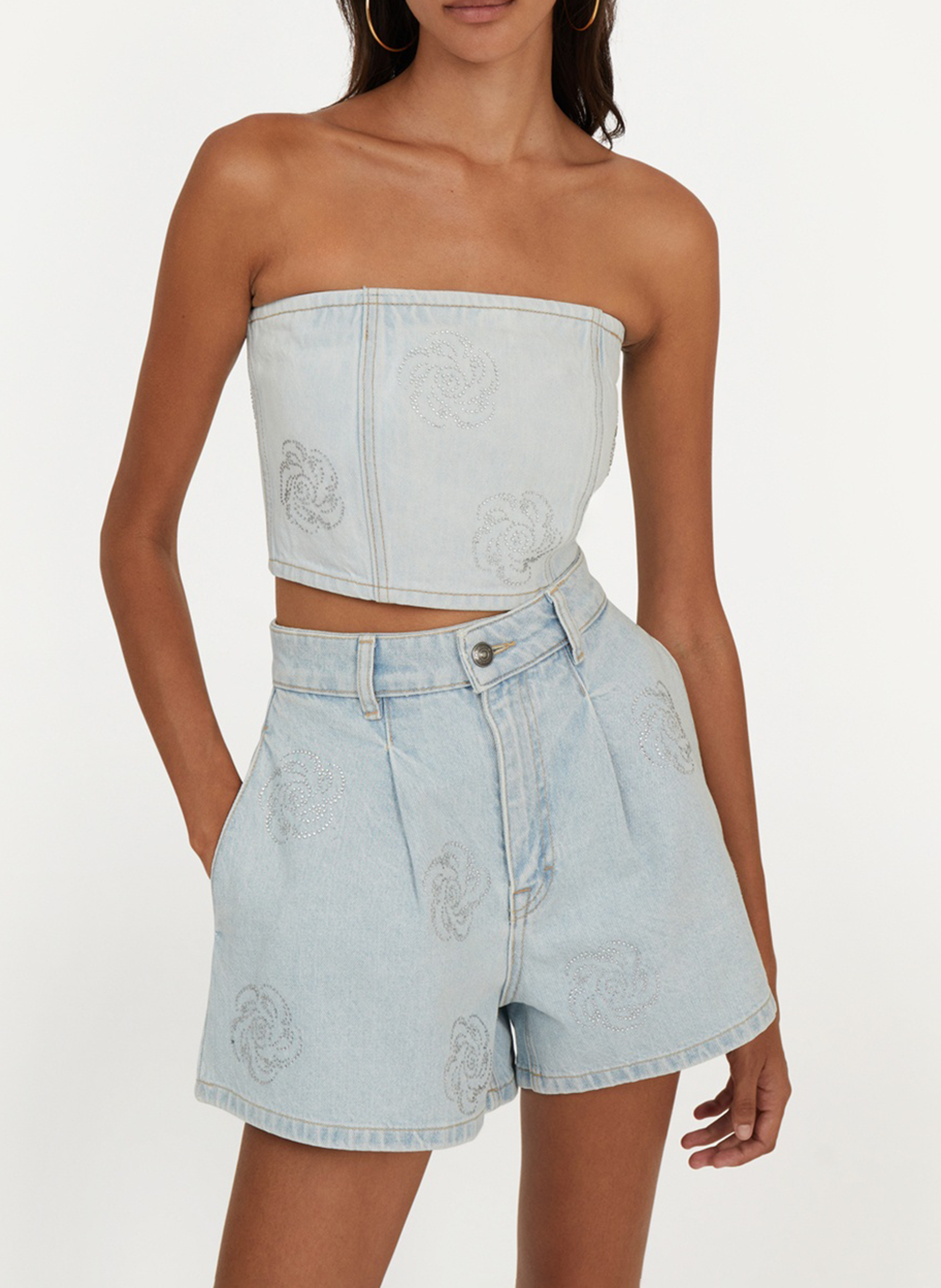 Short large en denim de coton ROTATE Bleu
