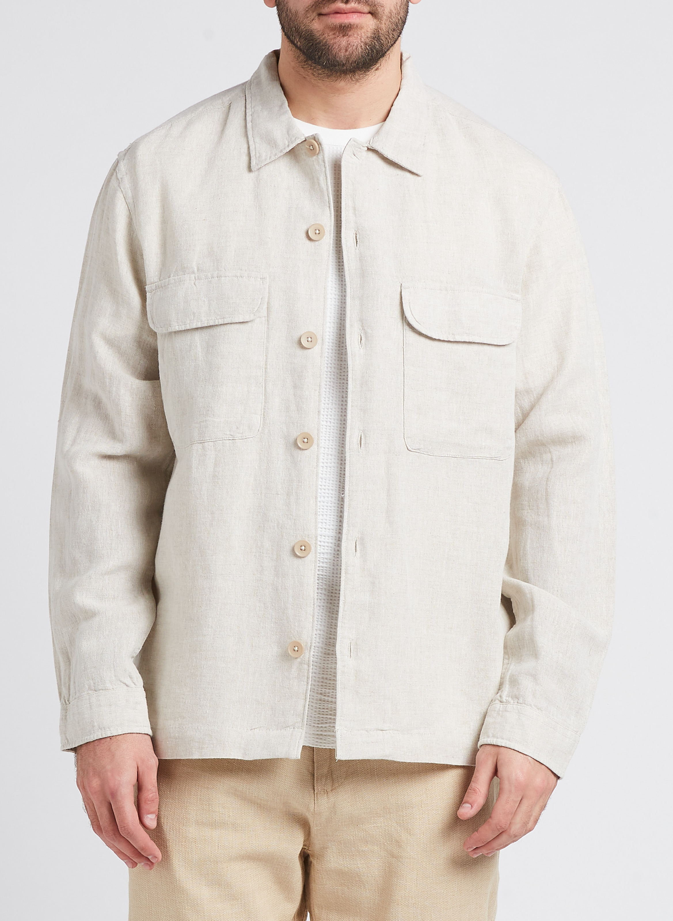 Straight linen-blend shirt with classic collar SELECTED Beige