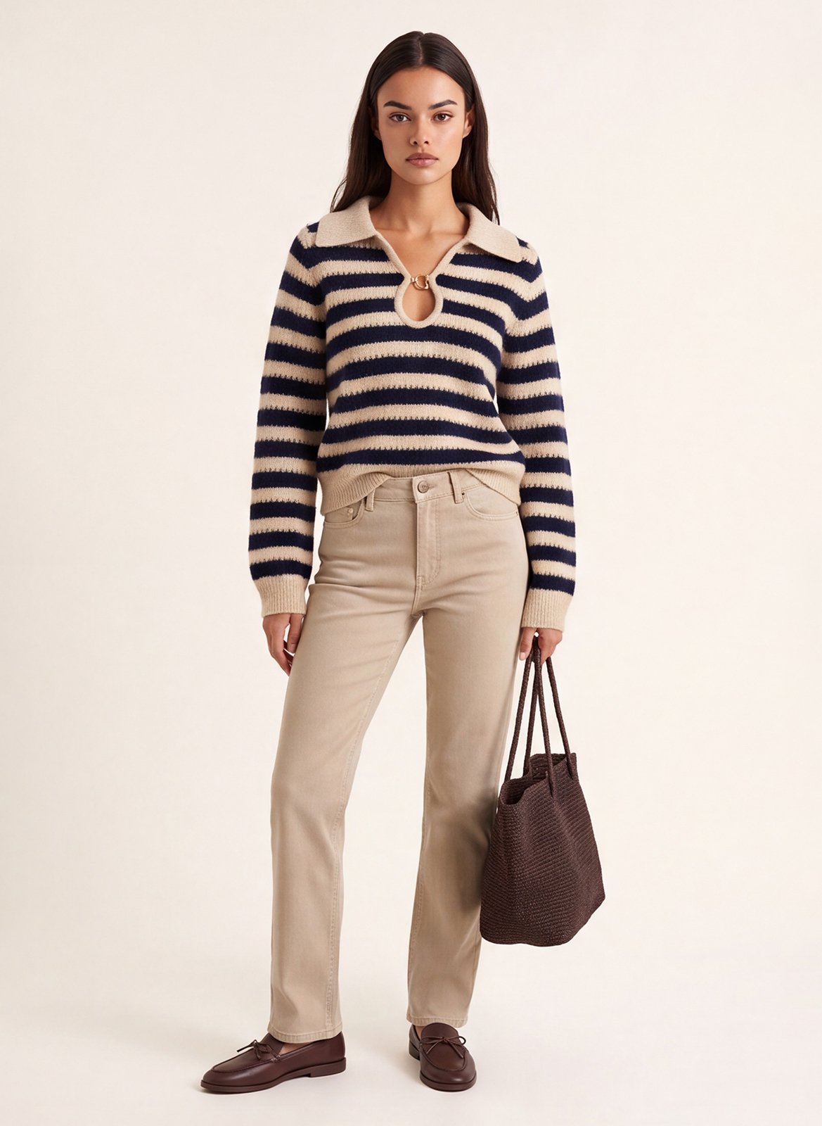 Gerader gestreifter Strickpullover KOOKAI Beige