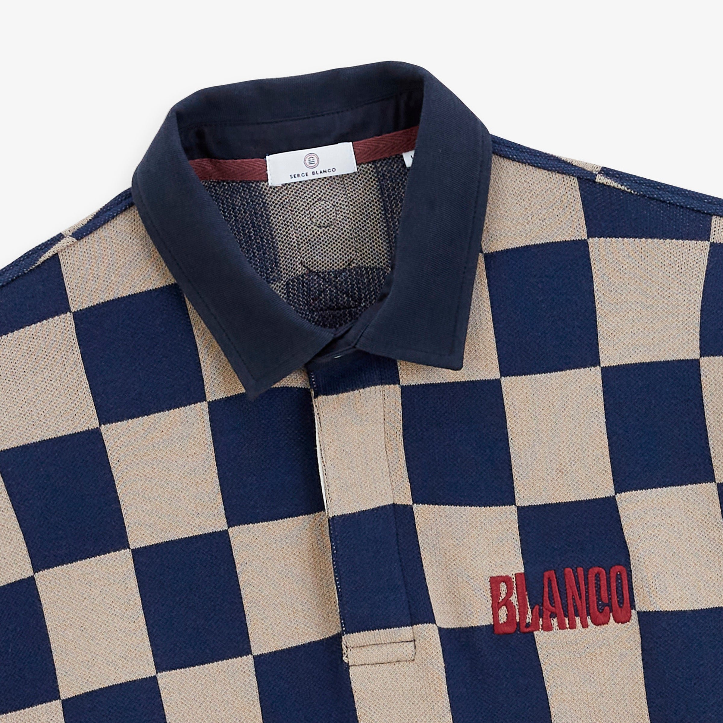 Long-sleeved rugby polo shirt with check print and Blanco embroidery in travertine beige SERGE BLANCO Beige