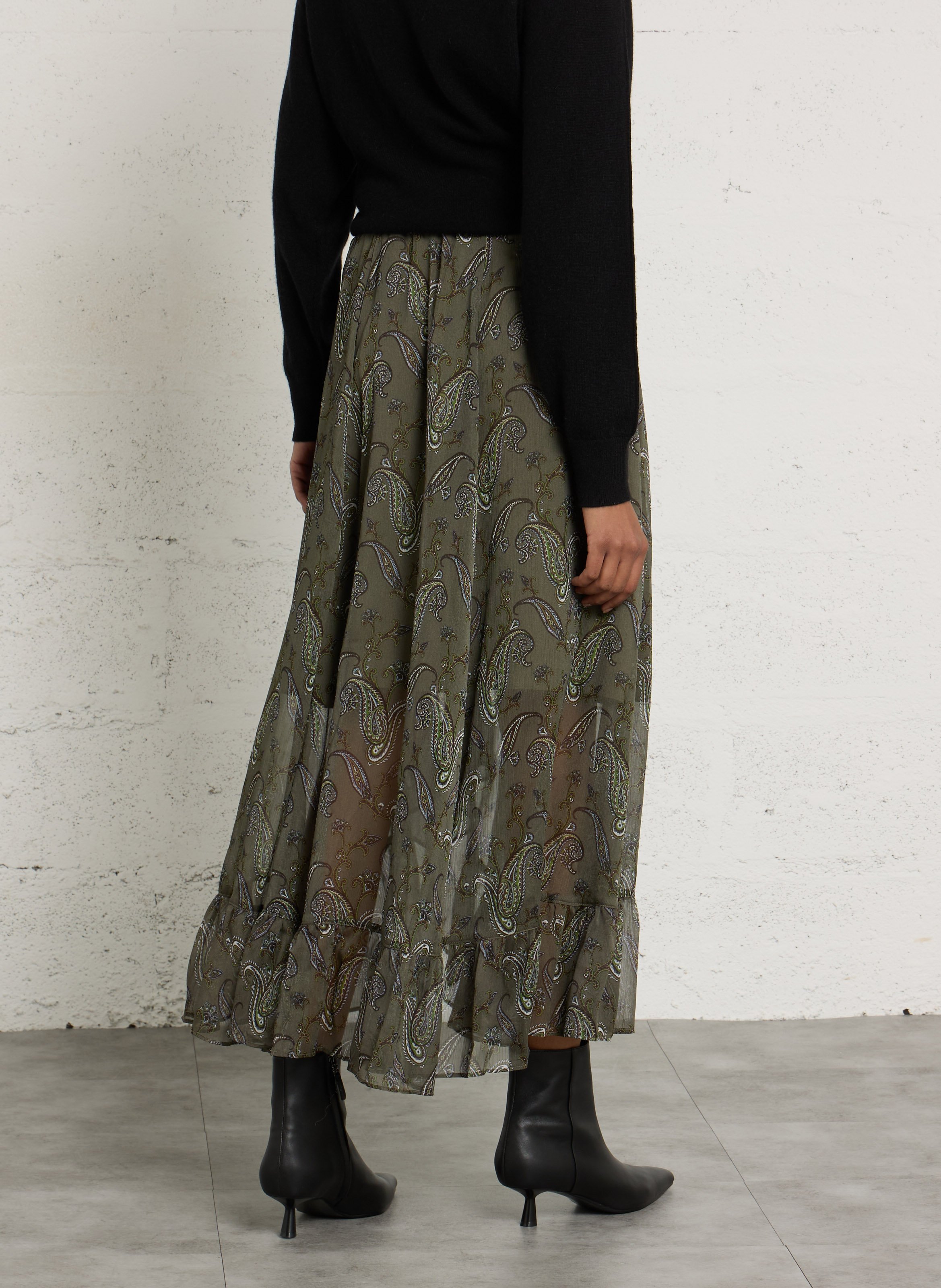 Langer, asymmetrischer Rock mit Print IKKS Khaki