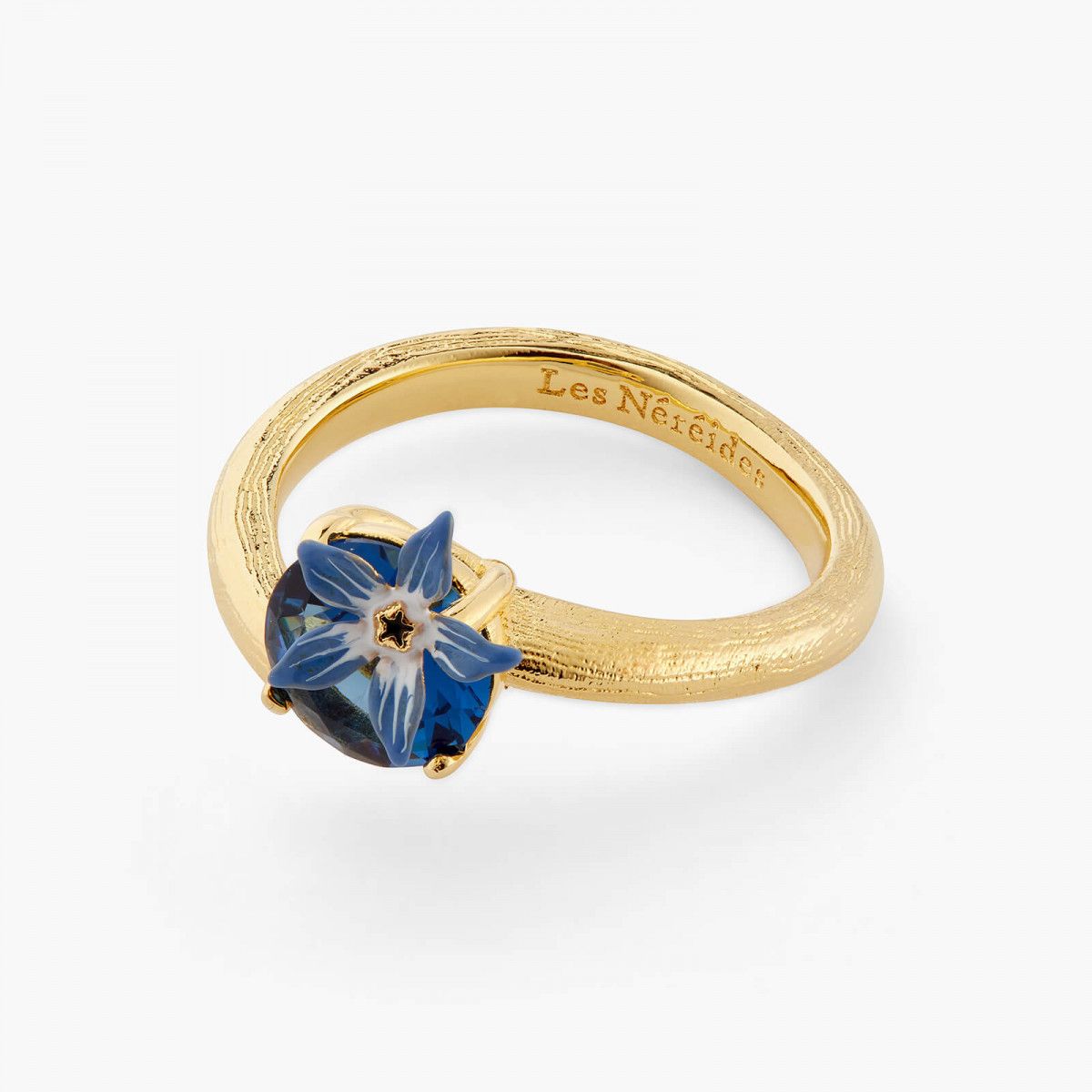 Bague Ajustable Fleur Et Verre Facett Rond Bleu Les Nereides