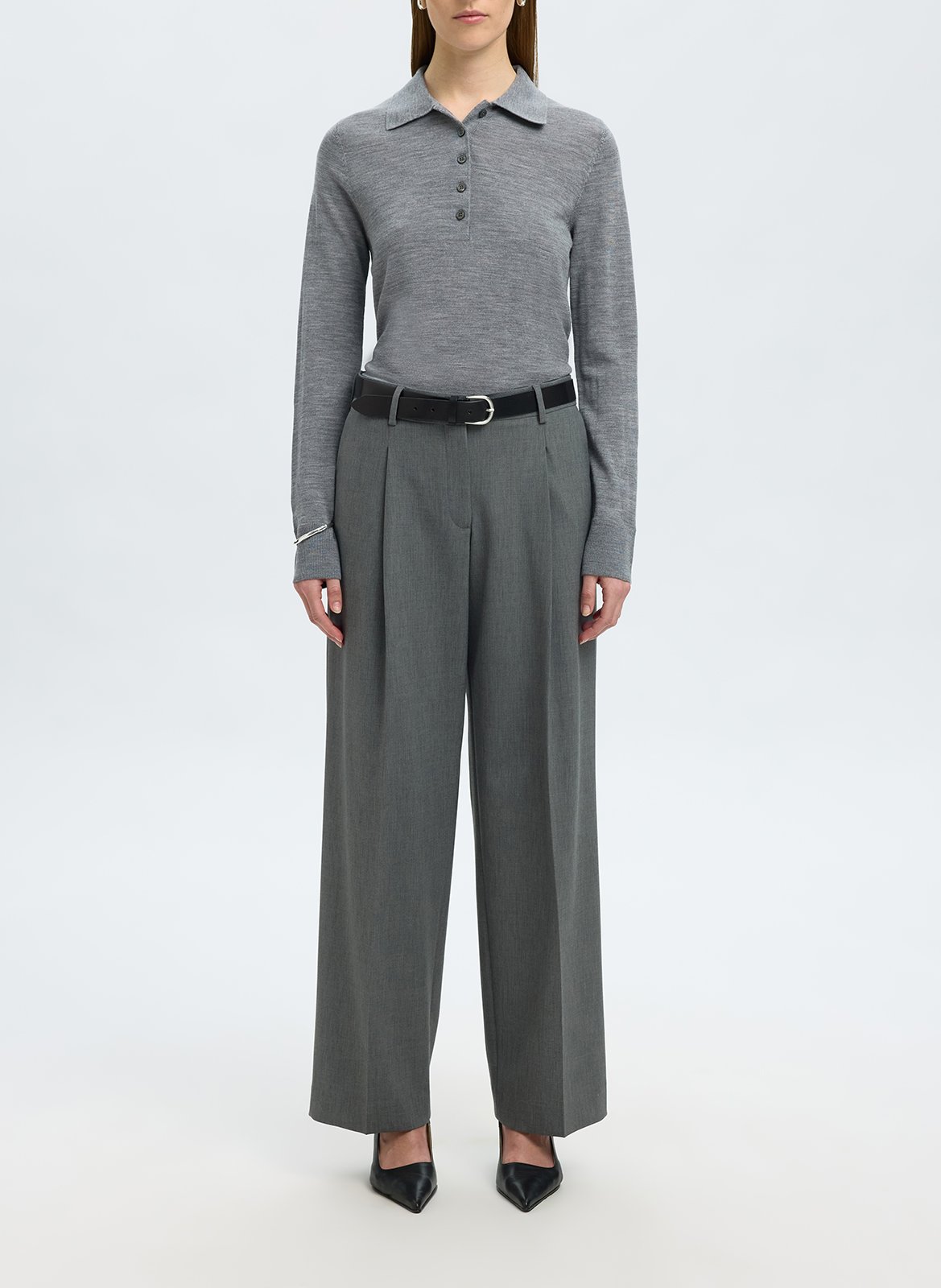 Heathered wool long-sleeve polo SELECTED Grey