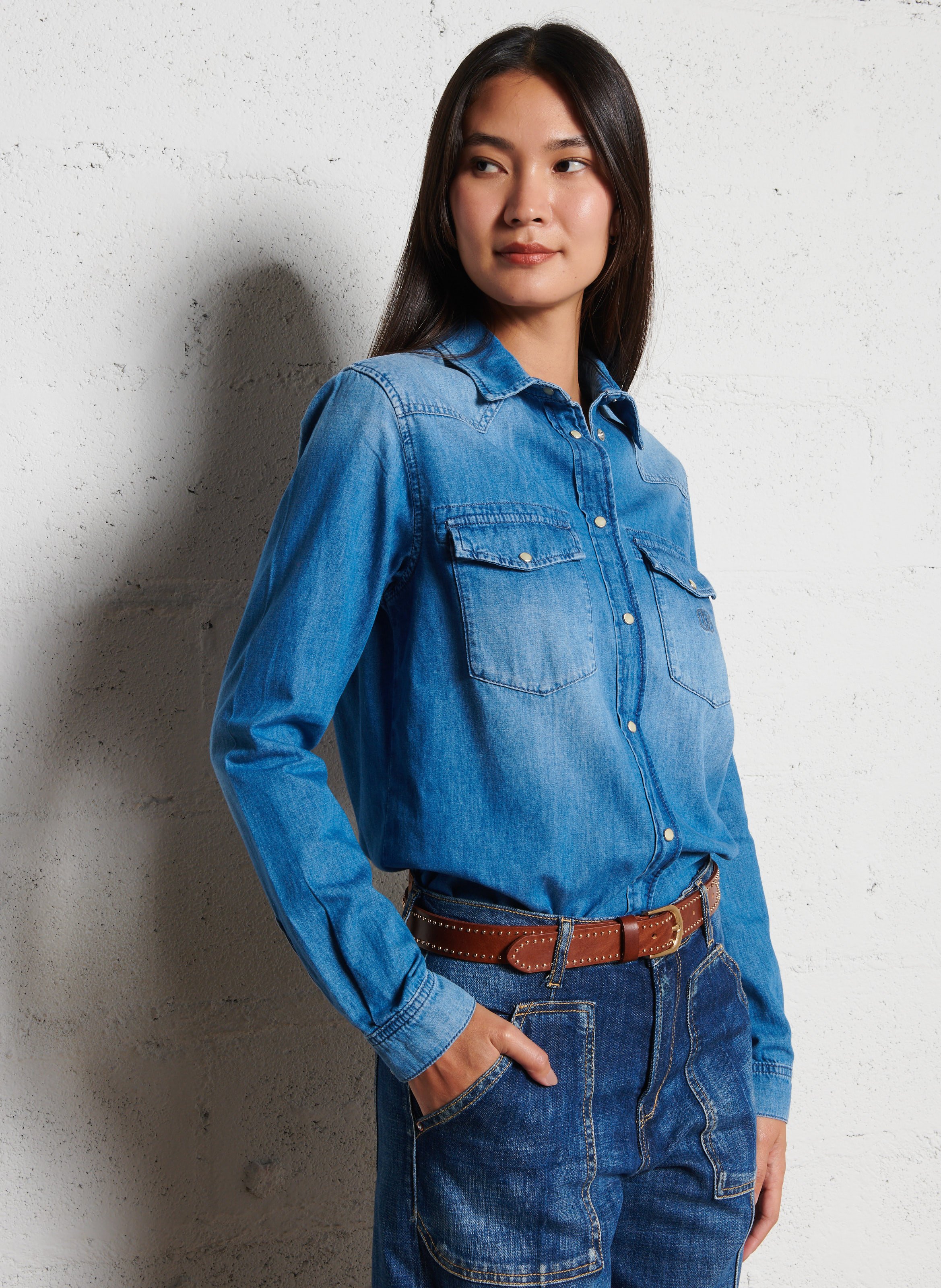 Chemise droite boutonnée en jean LE TEMPS DES CERISES Bleu