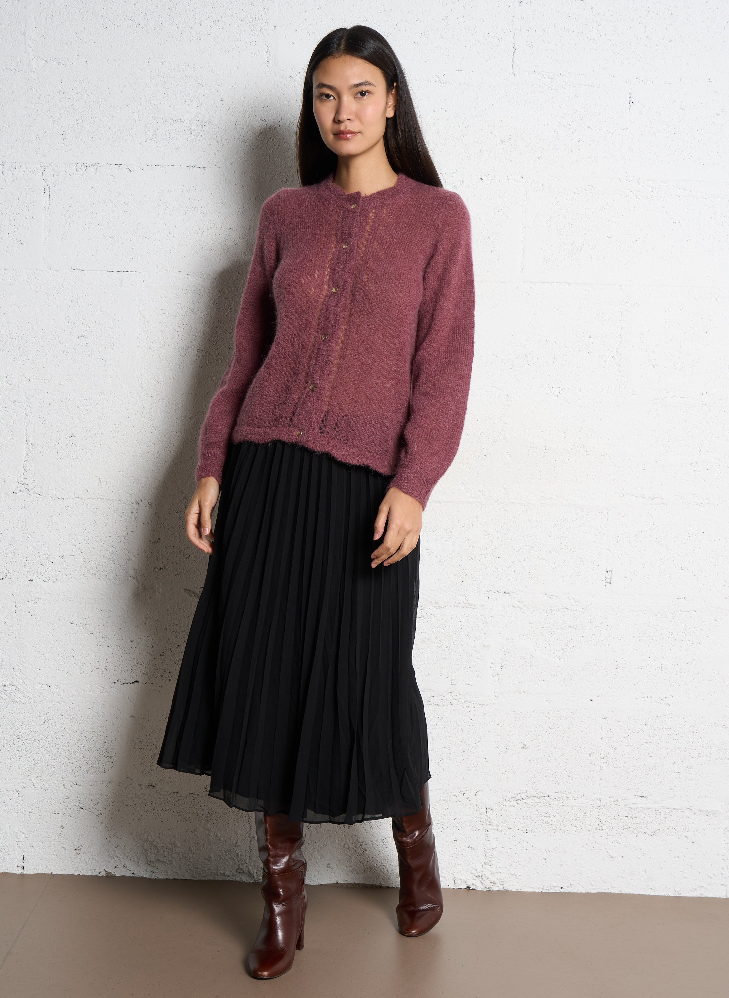 Gilet droit col rond ajouré en mohair et alpaga mélangés SUD EXPRESS Rouge