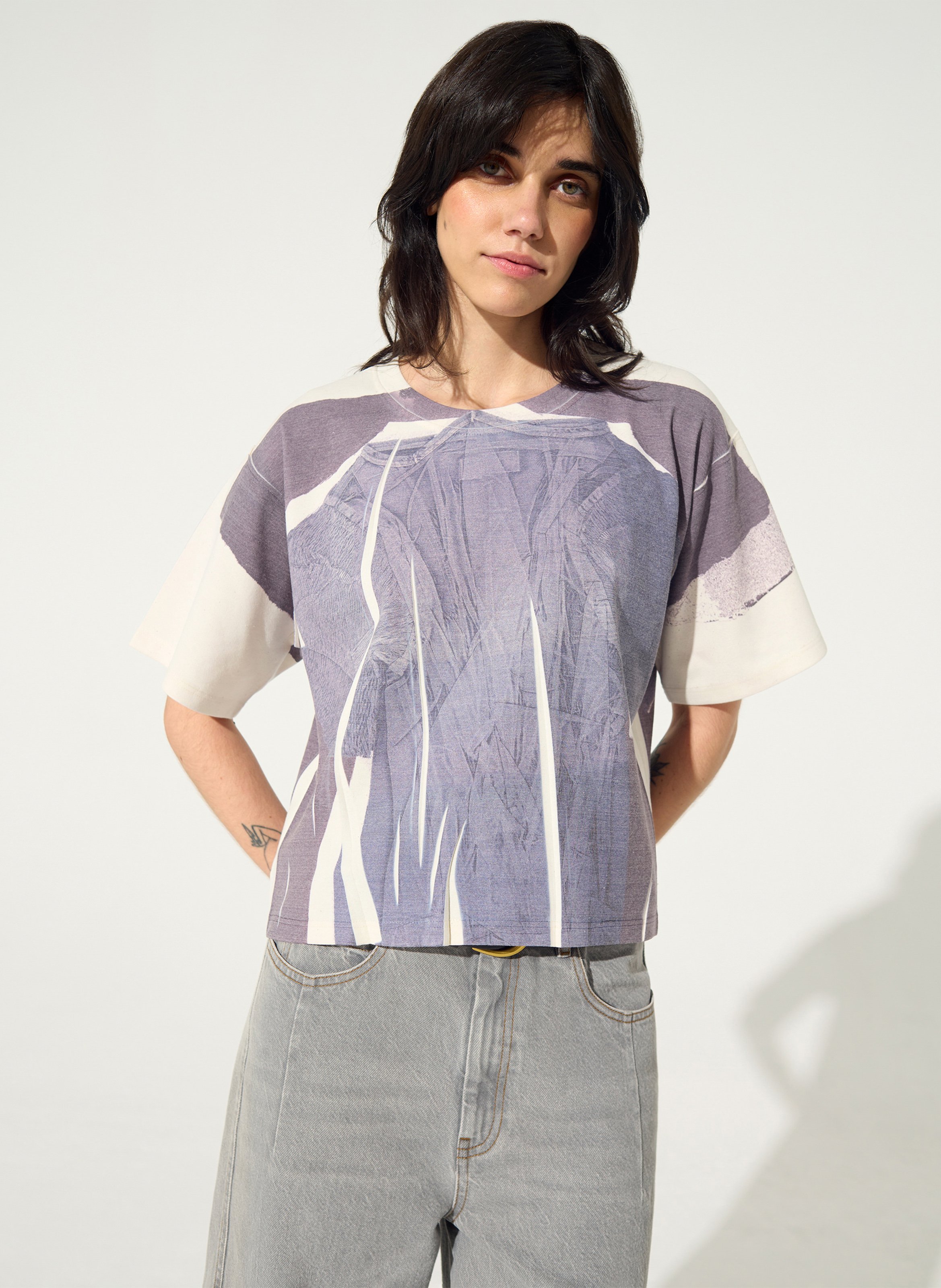 Straight round neck printed t-shirt in blended cotton COTELAC Blue