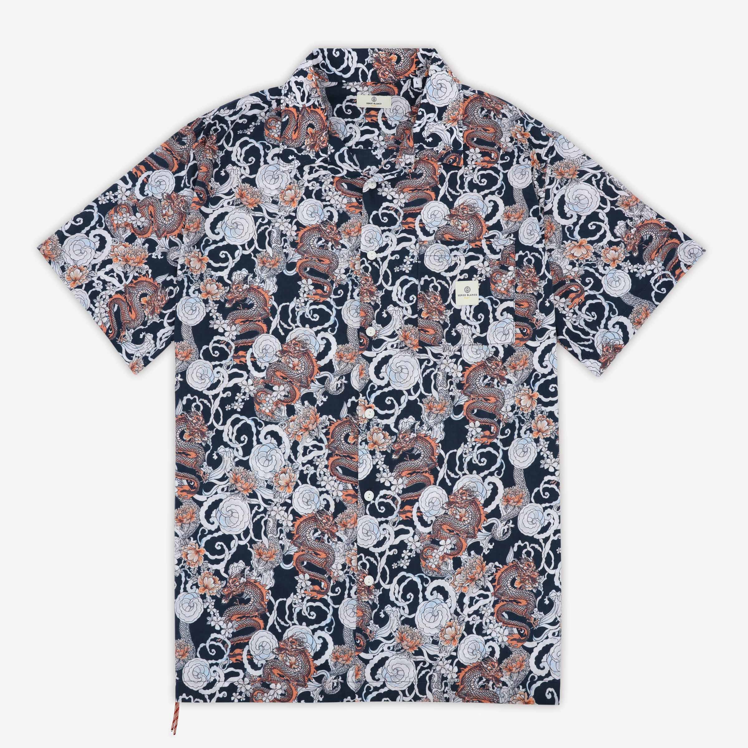 Short-sleeved cotton shirt with dragon print SERGE BLANCO Blue