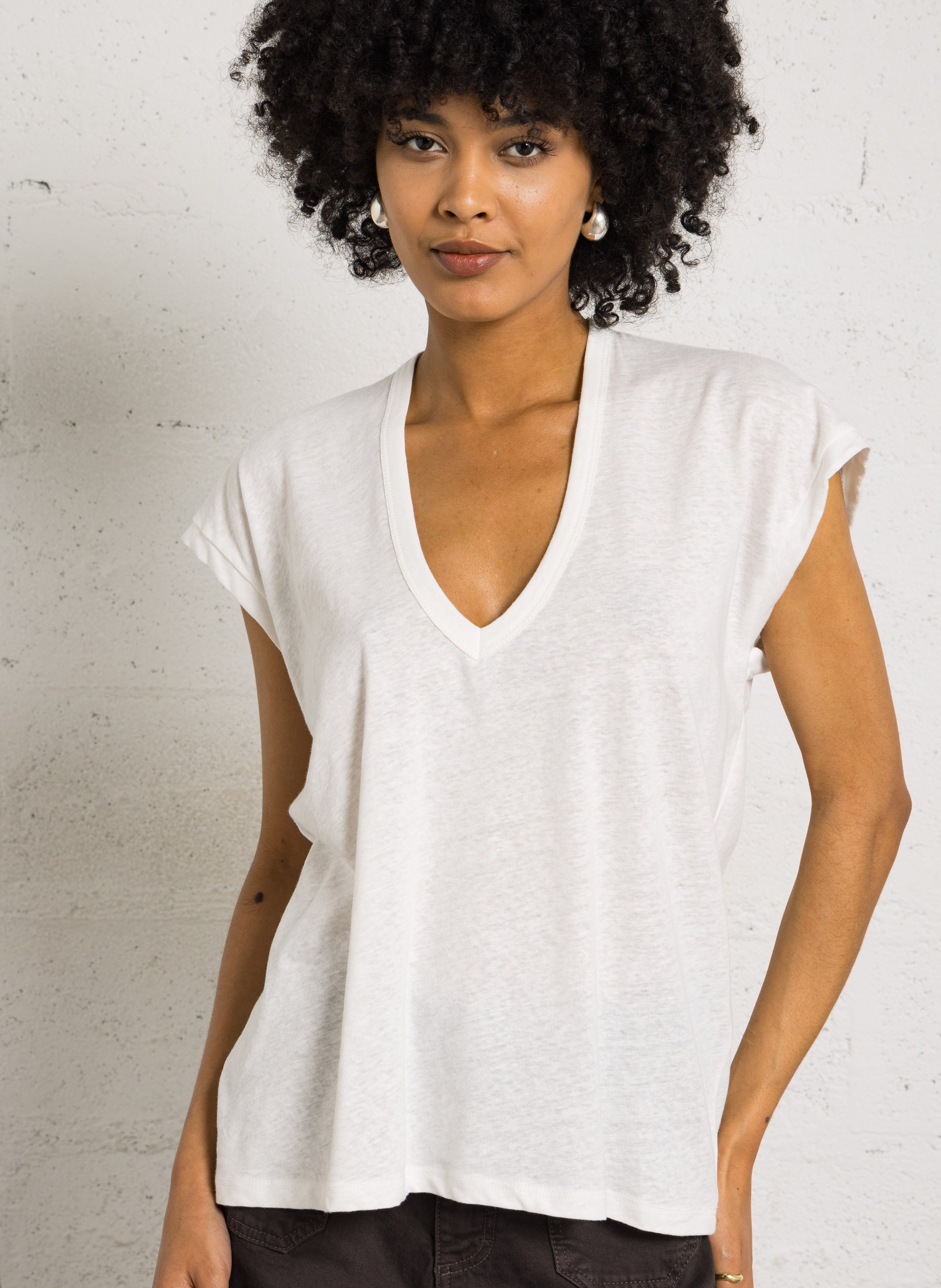 Tee-shirt oversize col V en lin et coton IMPERIAL Blanc