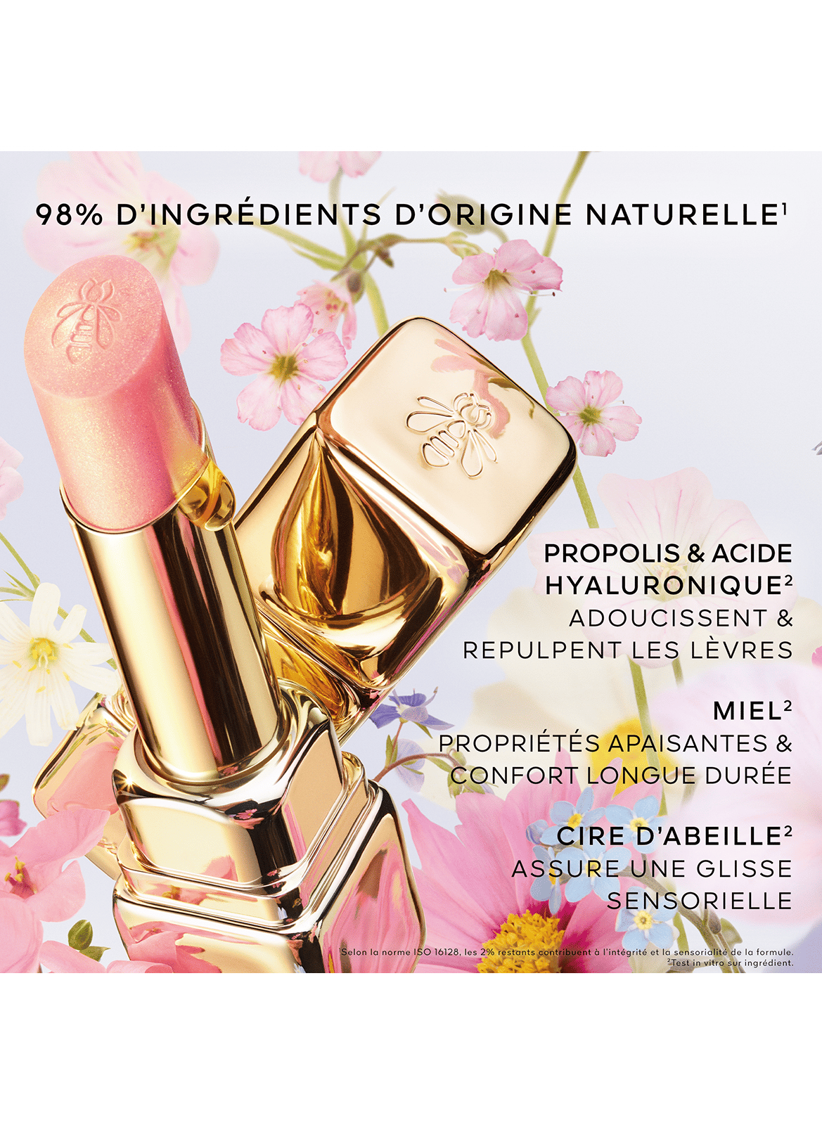 KISSKISS BEE GLOW Tinted honey-infused balm with 98% natural-origin ingredients GUERLAIN 129 blossom kiss