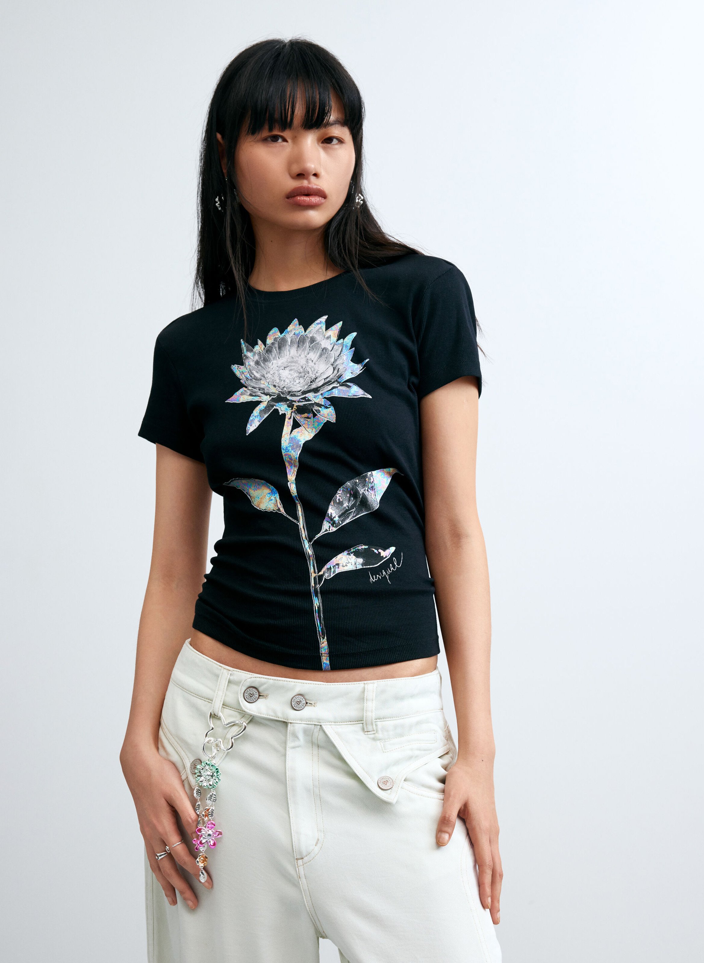 Tee-shirt droit col rond en coton mélangé imprimé DESIGUAL Noir