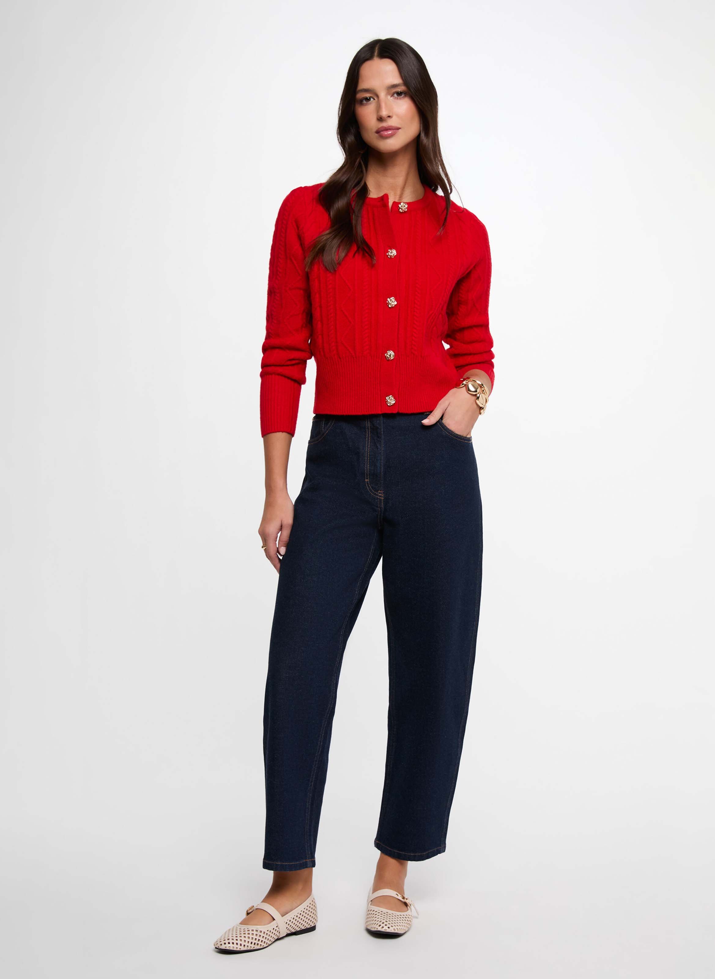 Plain straight buttoned cardigan MORGAN Red