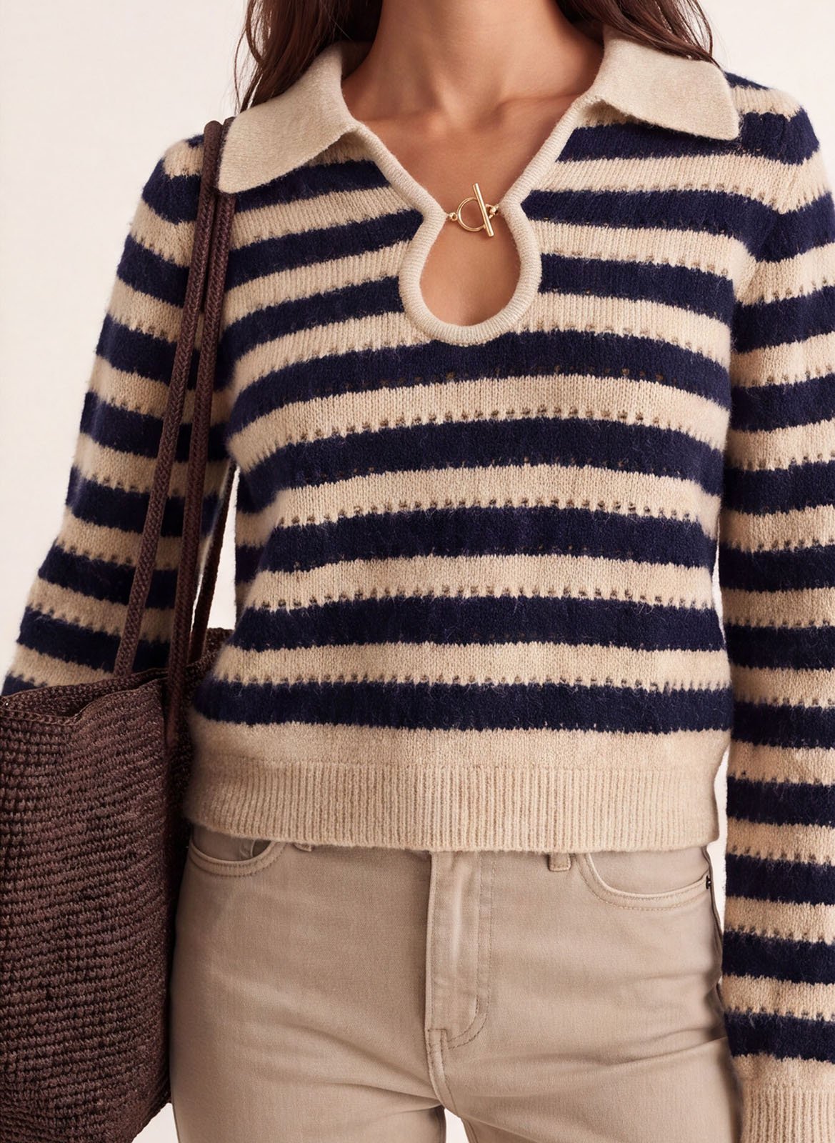 Gerader gestreifter Strickpullover KOOKAI Beige