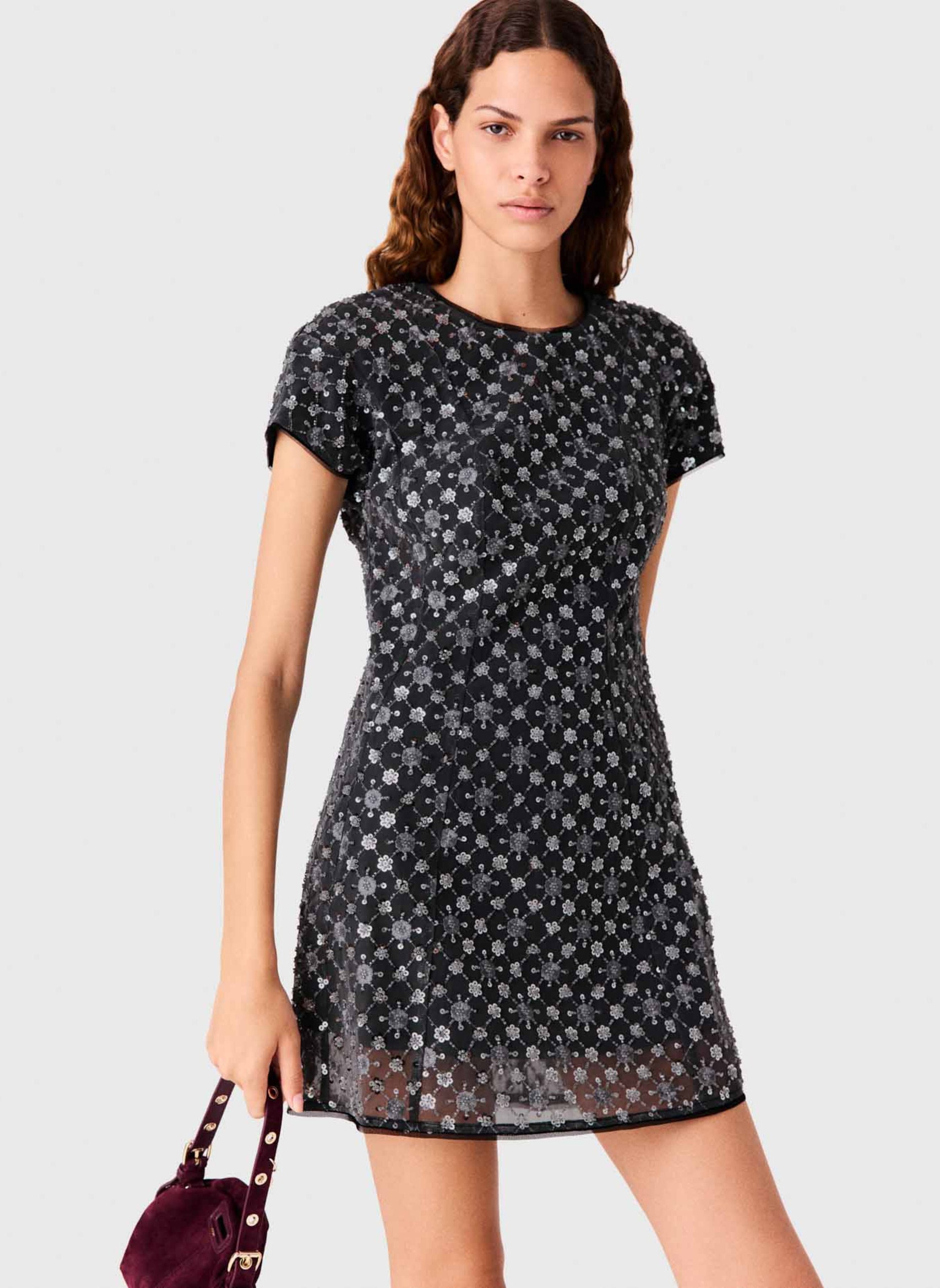 Robe courte strassée à manches courtes MAJE Gris