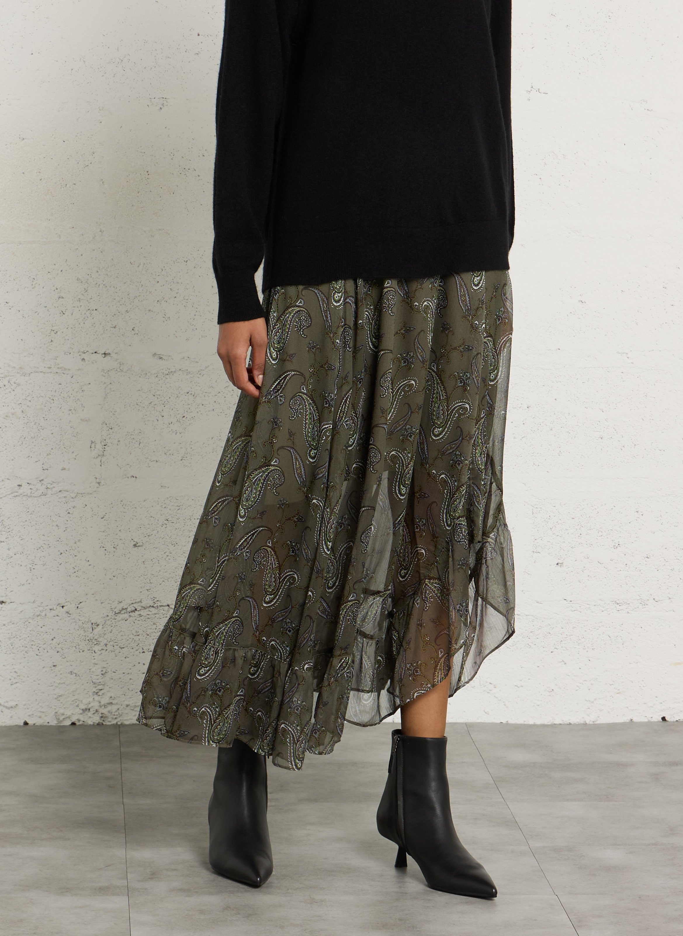 Langer, asymmetrischer Rock mit Print IKKS Khaki