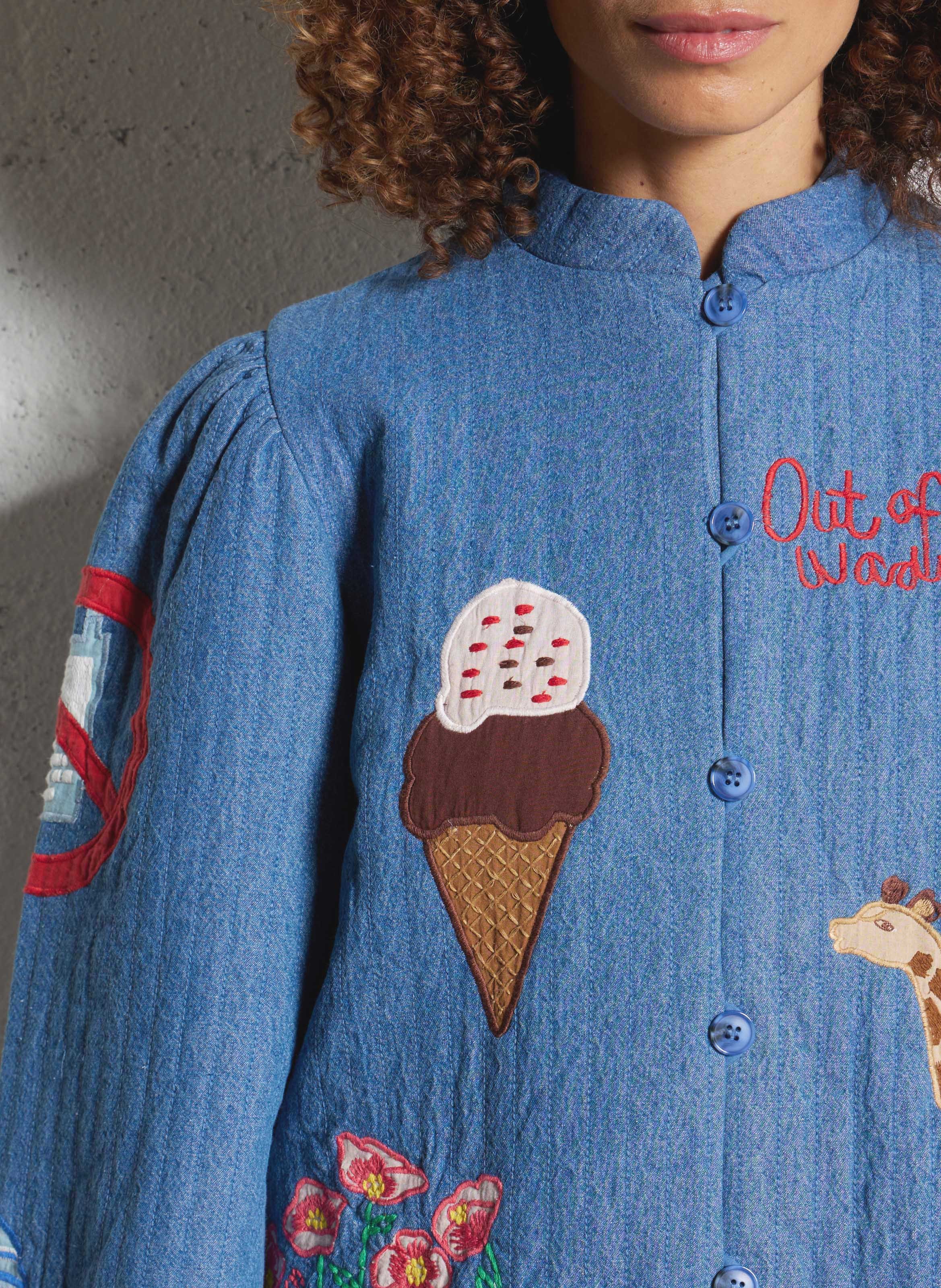 Veste col montant en denim de coton STELLA NOVA Bleu