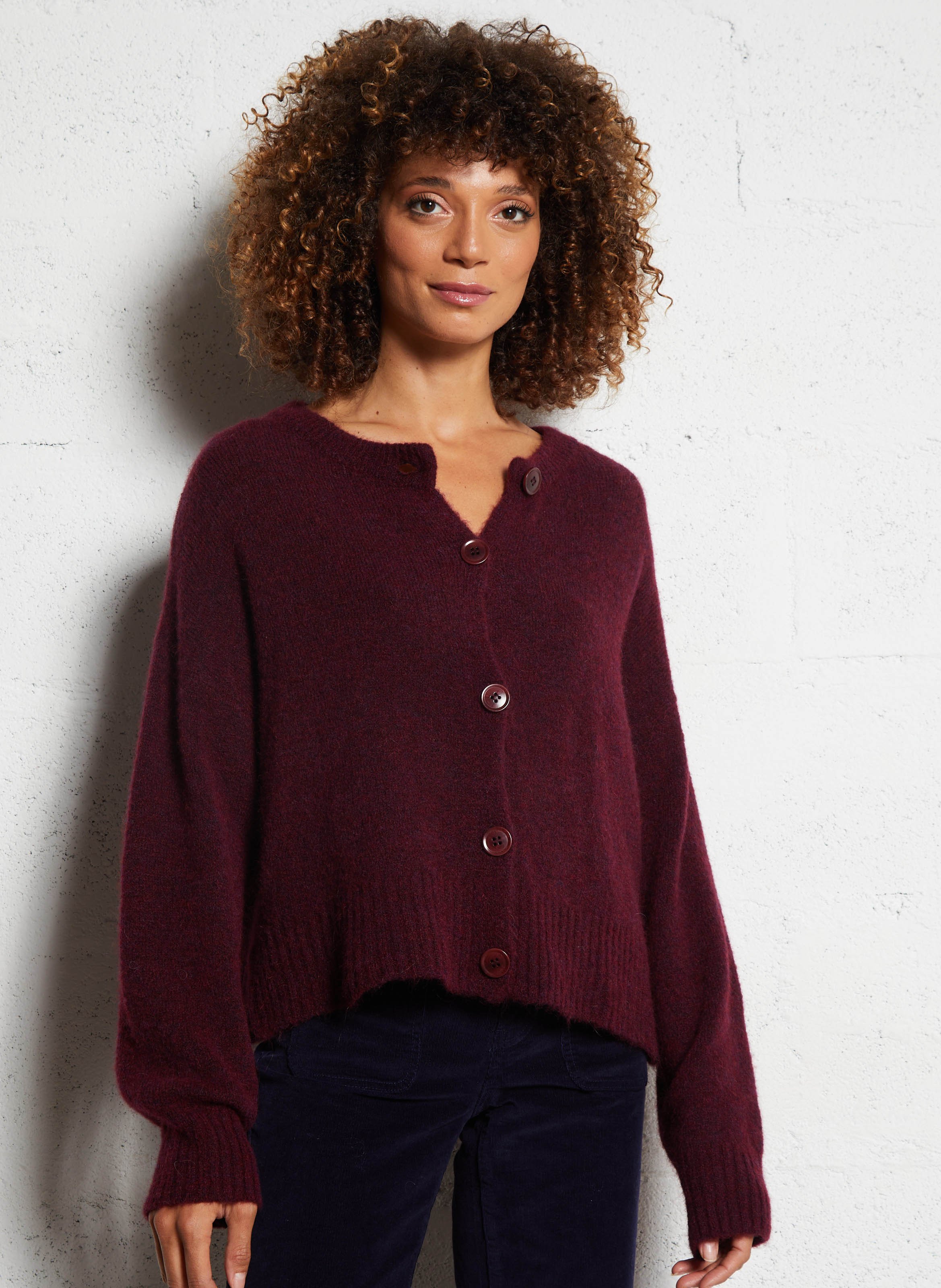 Loose-fit mixed-knit cardigan with round neck MAISON ANJE