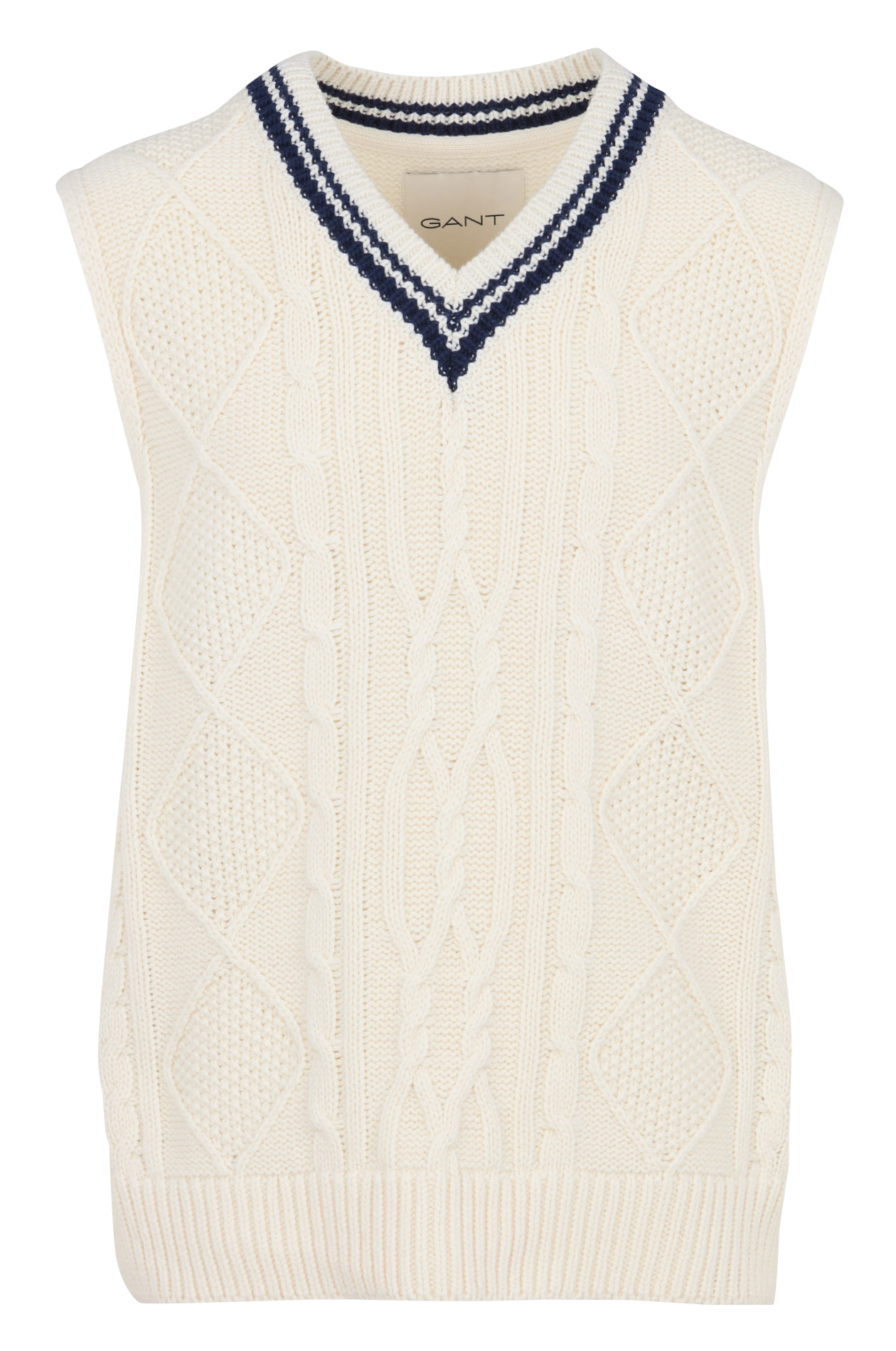 Pull torsadé col v en coton bio et laine GANT Beige