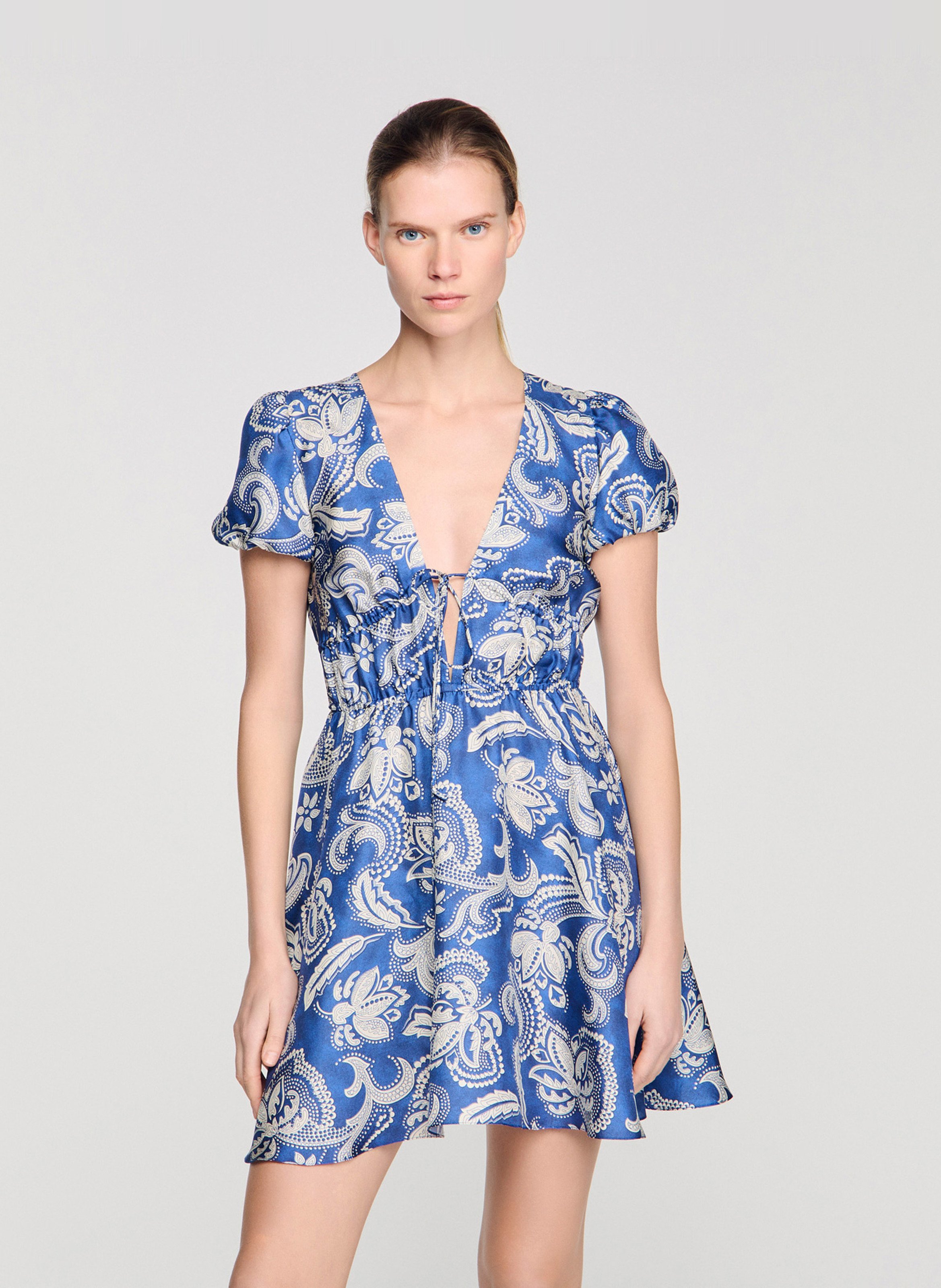 Robe courte col V imprimée SANDRO Bleu