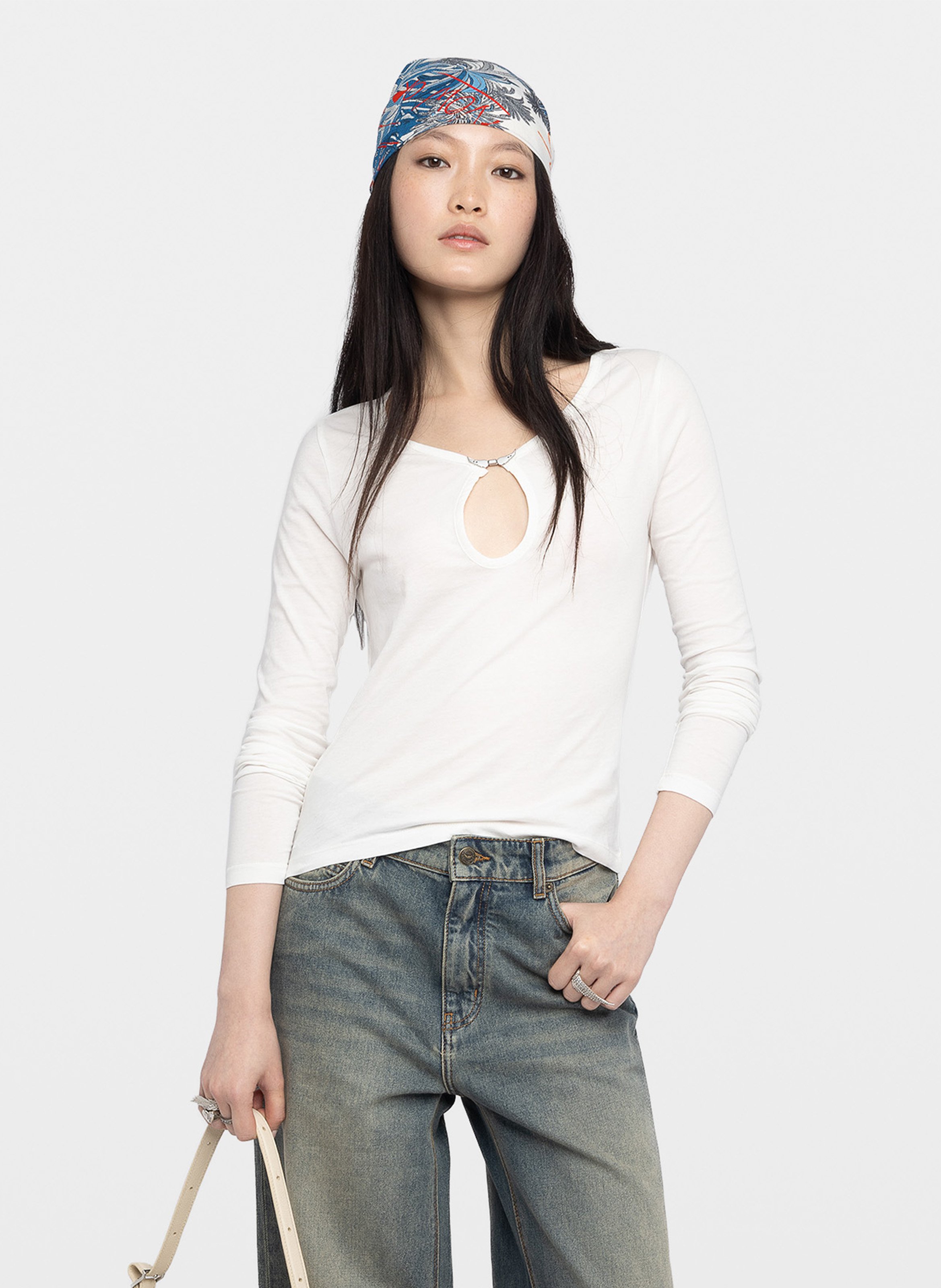 T-Shirt mit Tunika-Kragen und dekorativer Brosche ZADIG&VOLTAIRE Weiss