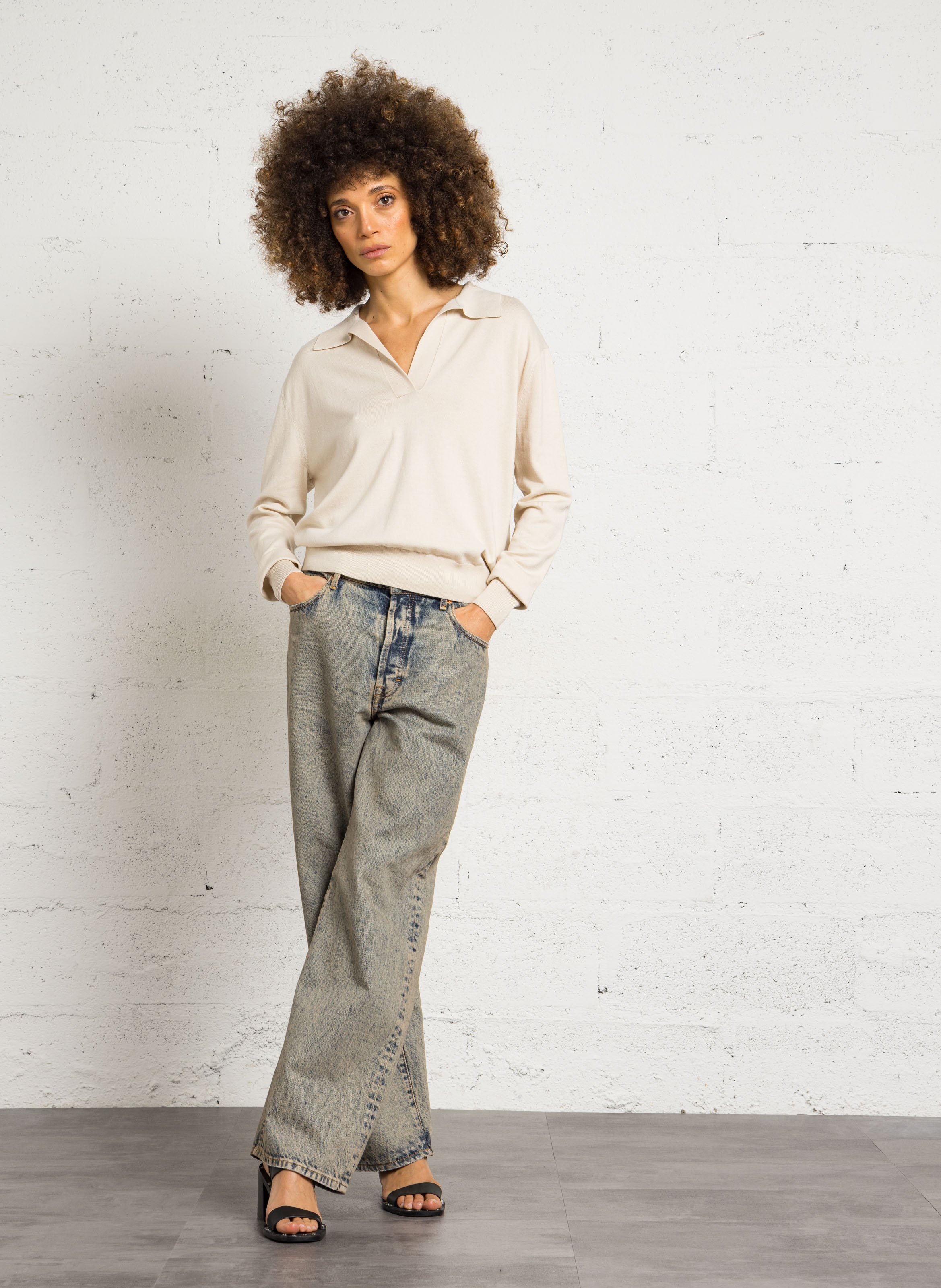 Pull oversize col V en coton mélangé JC SOPHIE Beige