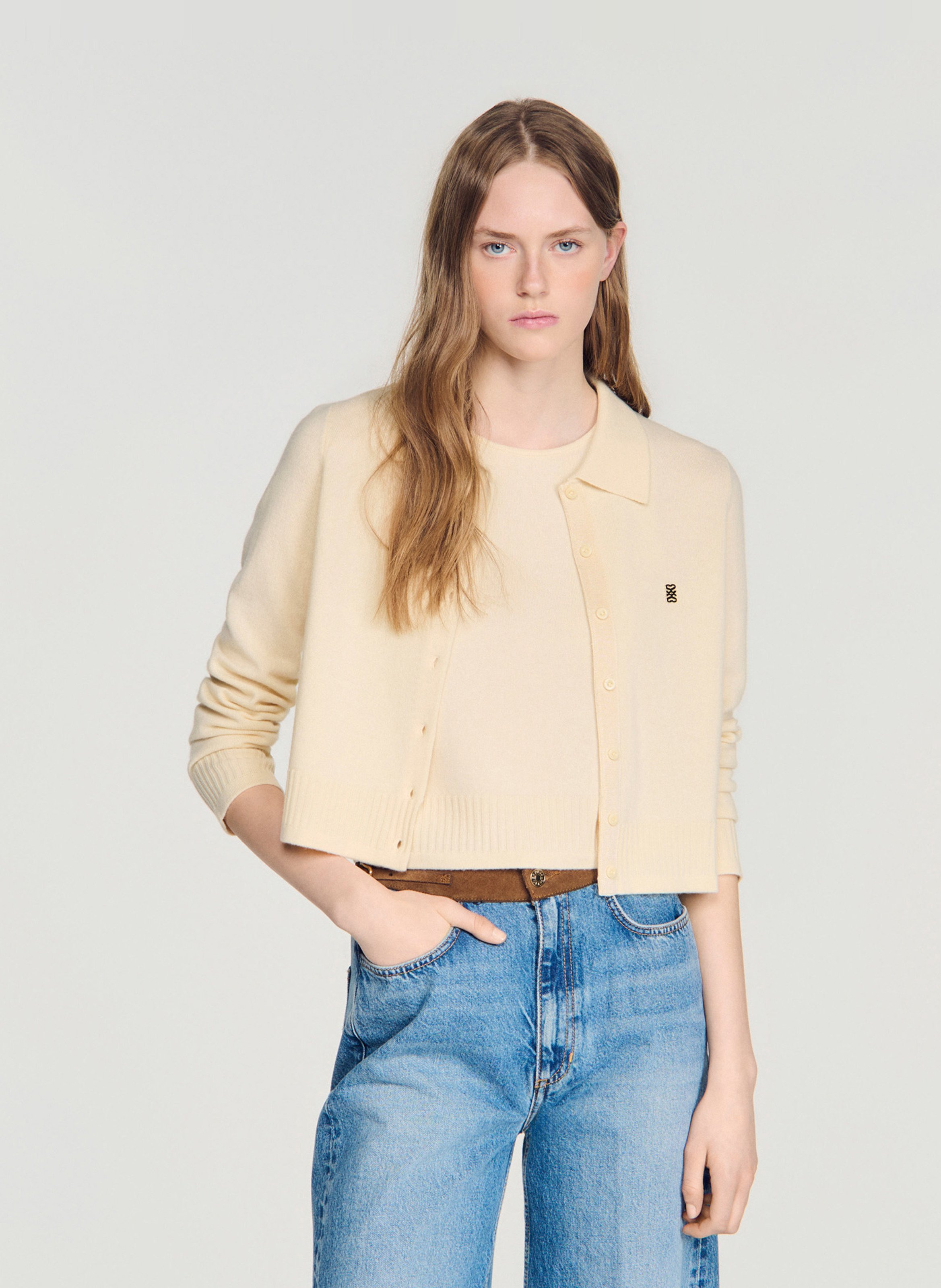 Cardigan droit col classique en laine et cachemire SANDRO Beige