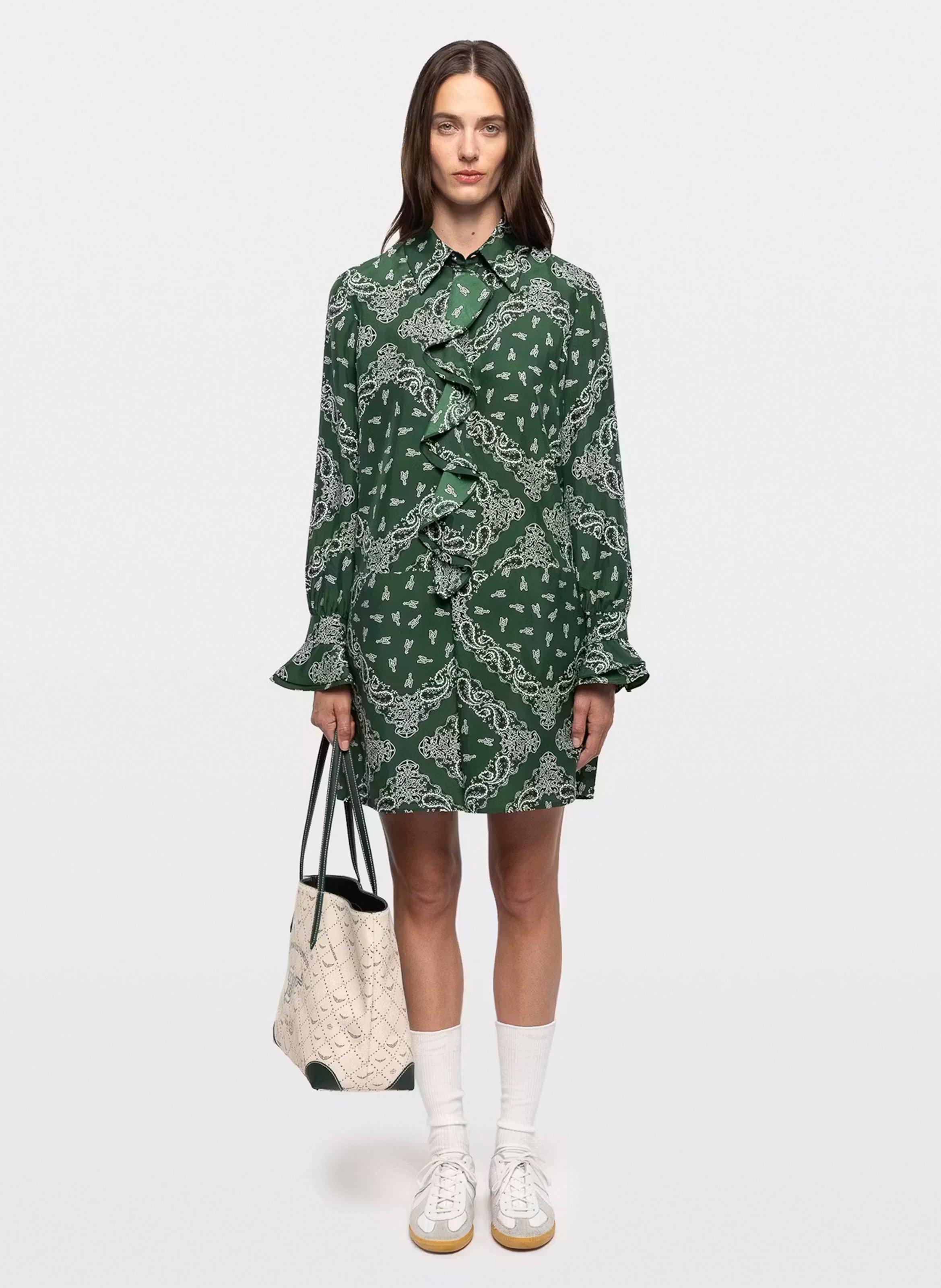 Short dress with classic collar in printed silk ZADIG&VOLTAIRE Green