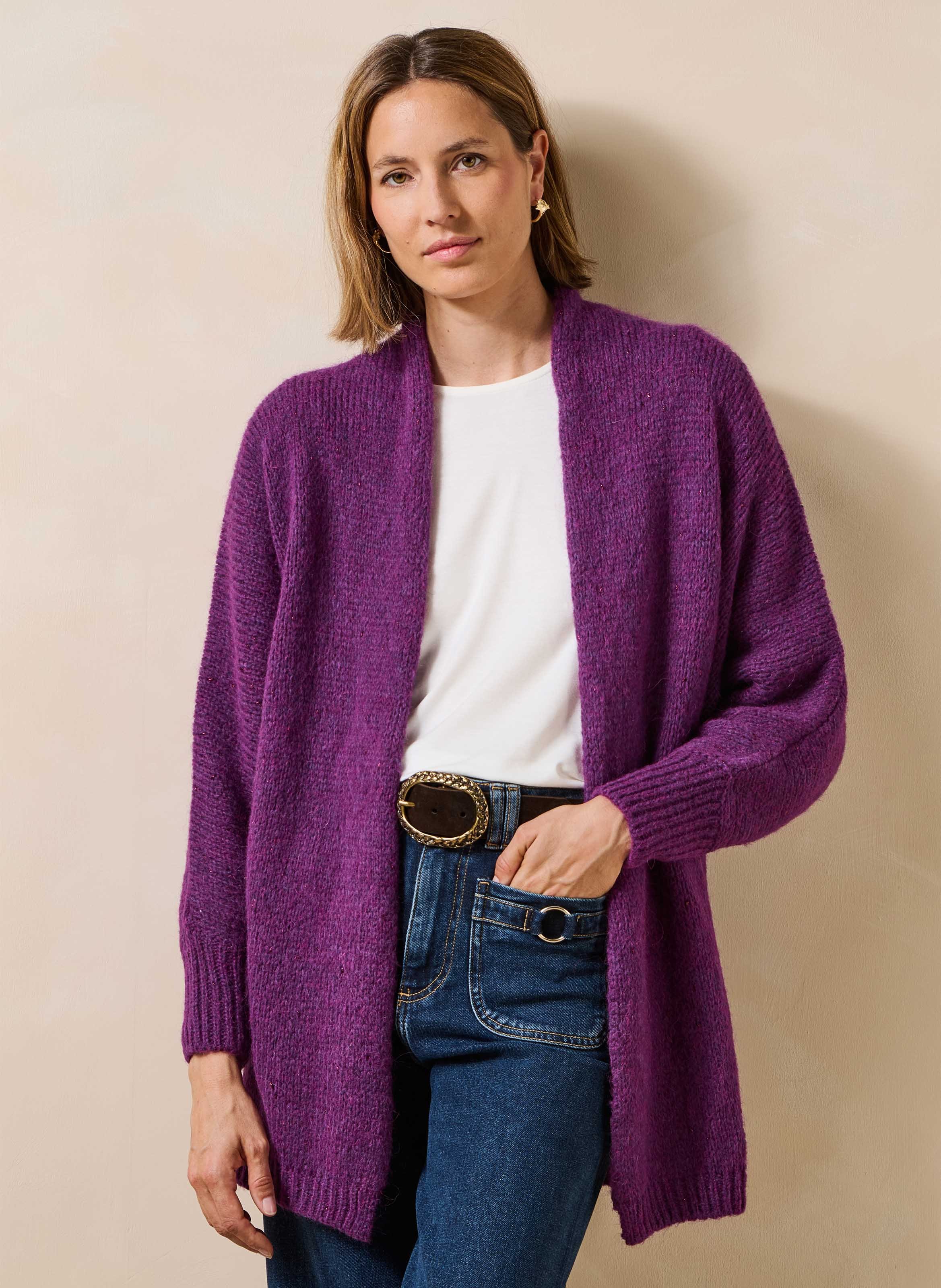 Halflange vest in glinsterende breiwerk LA FEE MARABOUTEE Violet