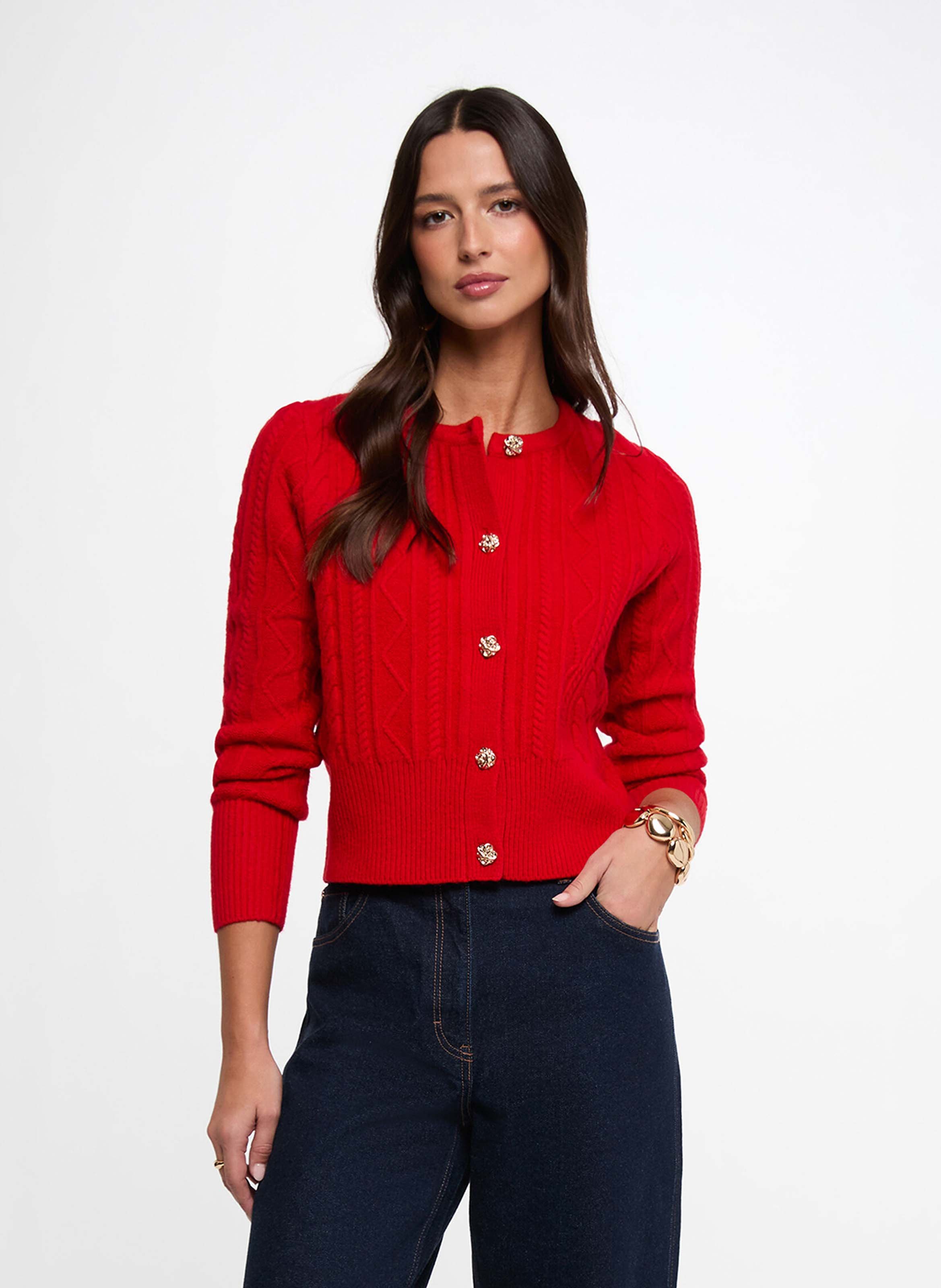 Plain straight buttoned cardigan MORGAN Red