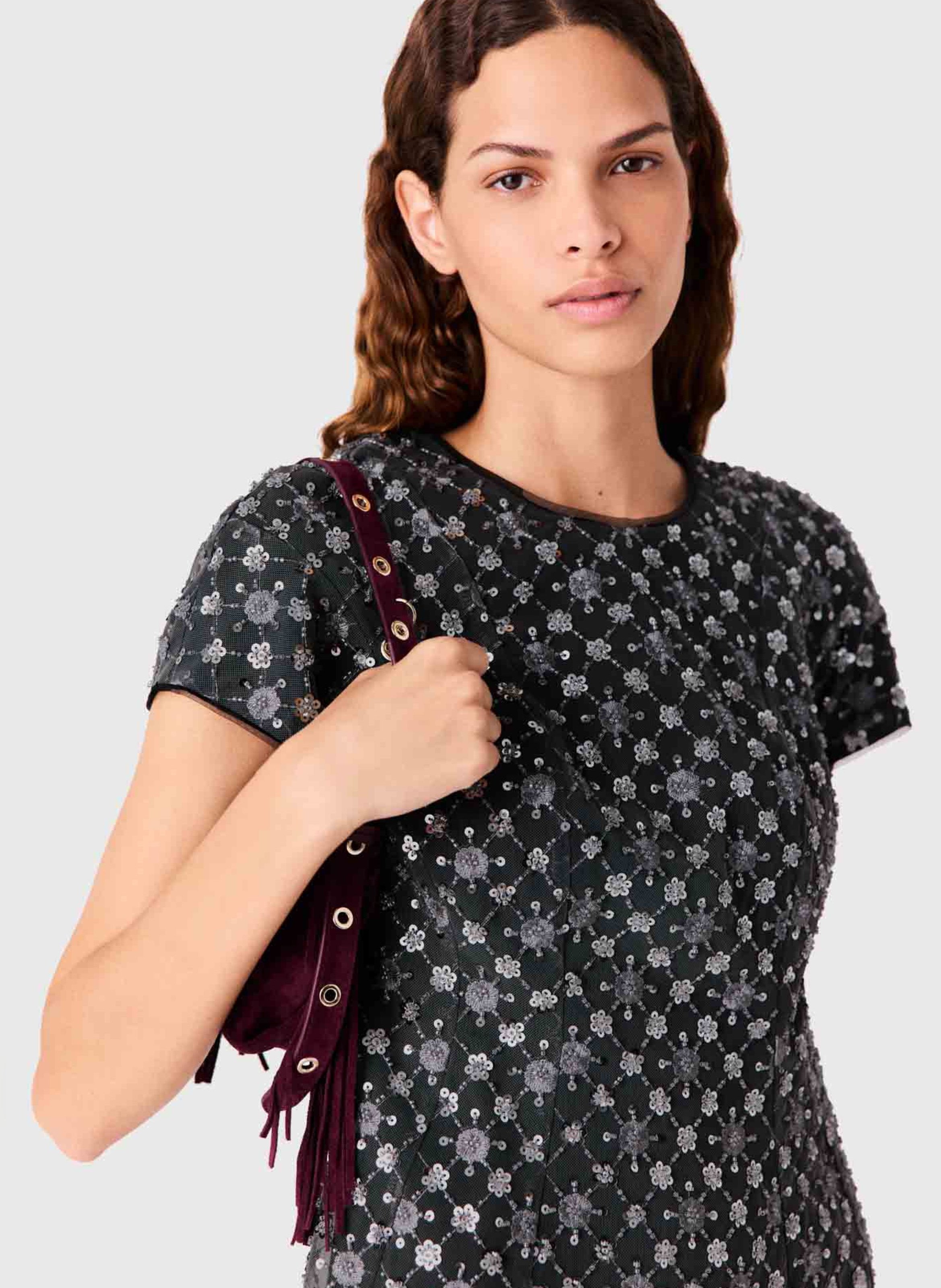 Robe courte strassée à manches courtes MAJE Gris
