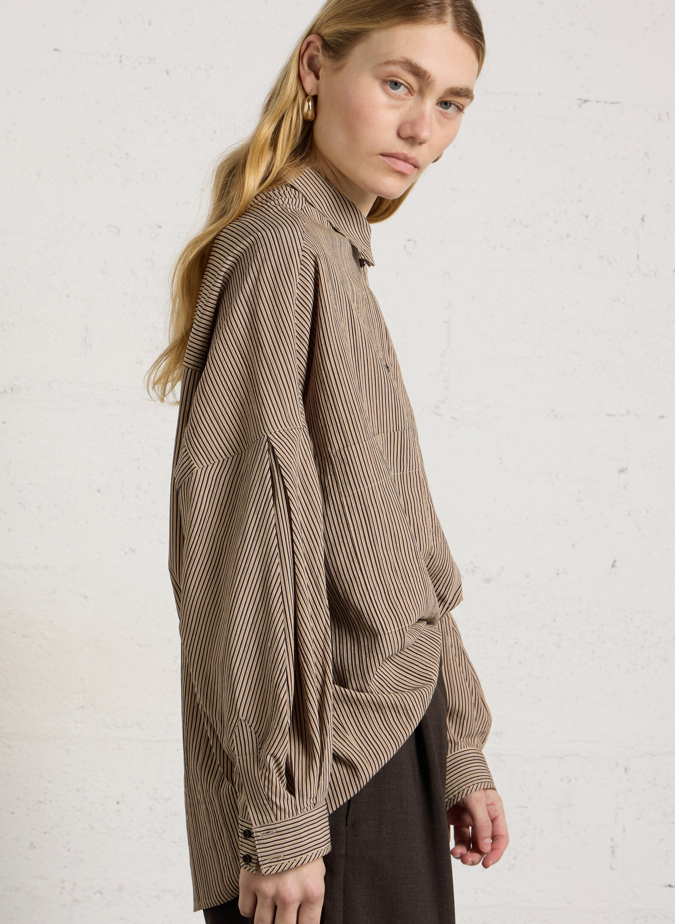 Loose-fit striped cotton shirt SESSUN Beige