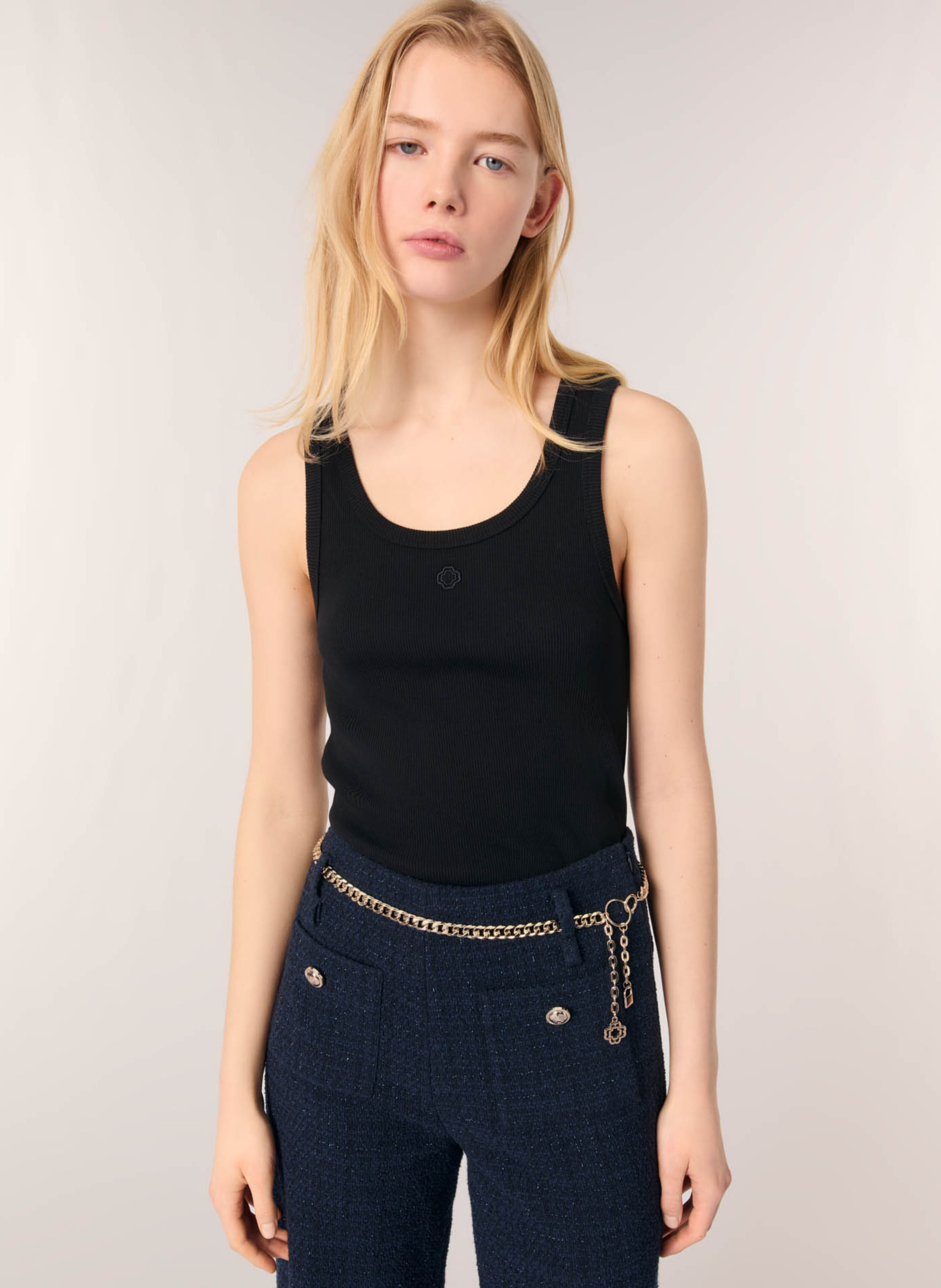 Rechte singlet van geribbeld katoen met ronde hals MAJE Zwart