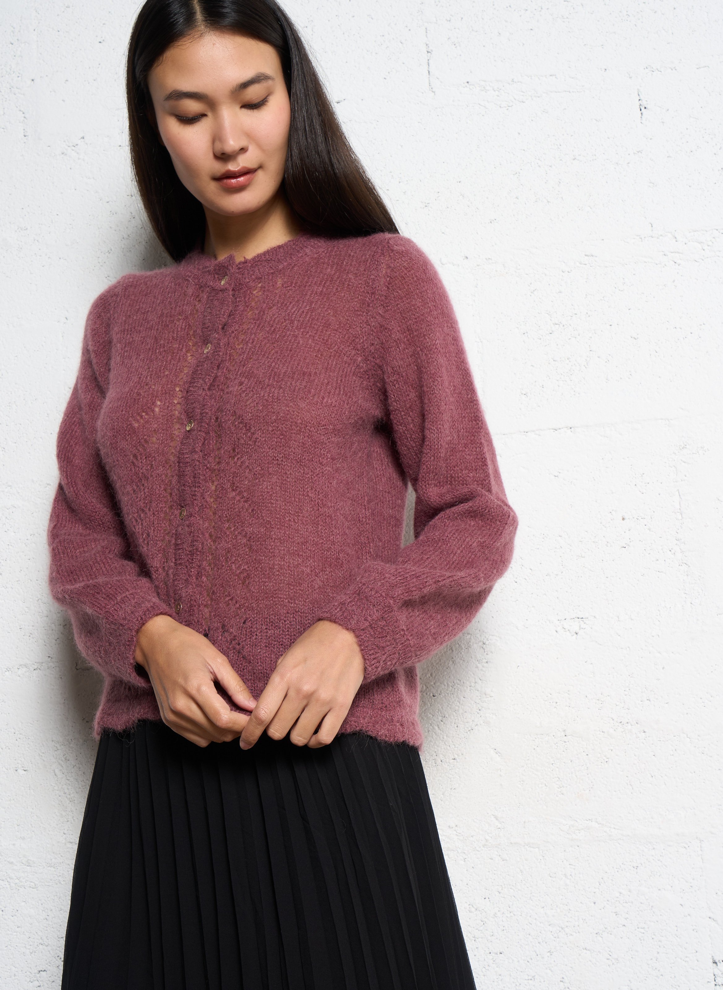 Gilet droit col rond ajouré en mohair et alpaga mélangés SUD EXPRESS Rouge