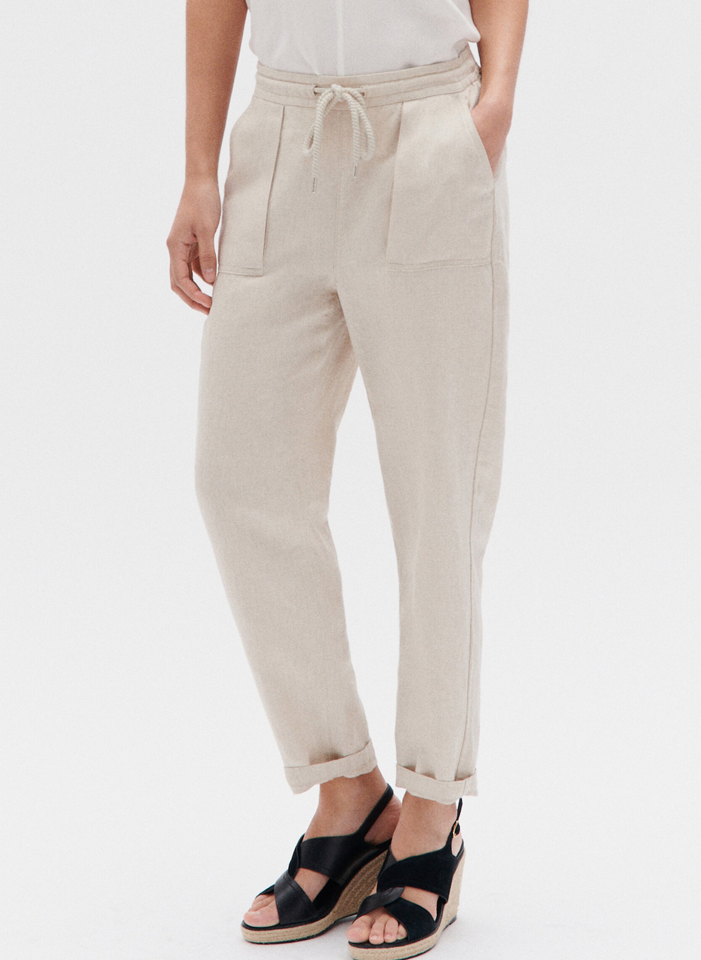 Straight-leg cotton and linen pants CAROLL Beige