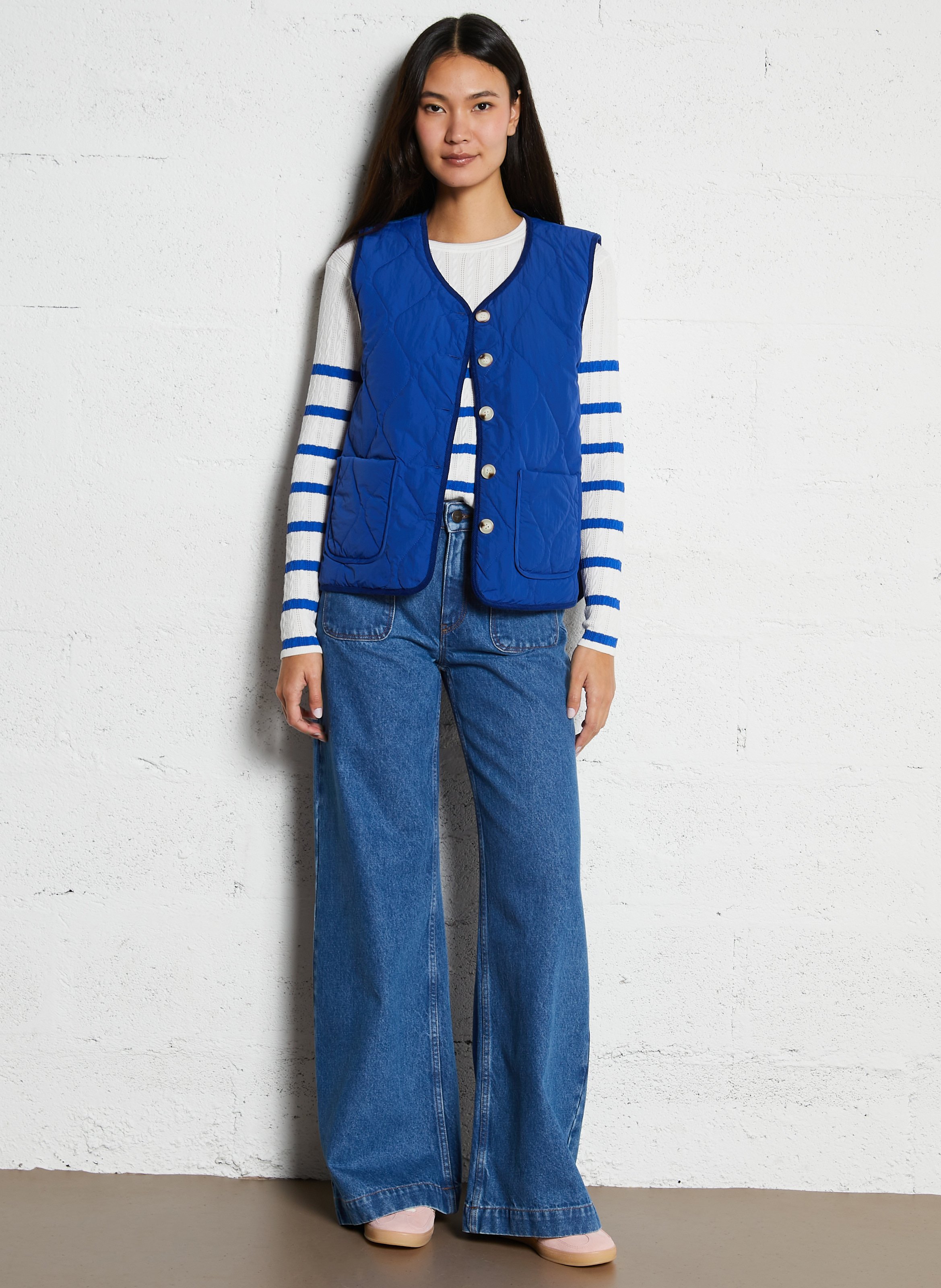 Pull droit en maille fantaisie rayée ONE STEP Blanc