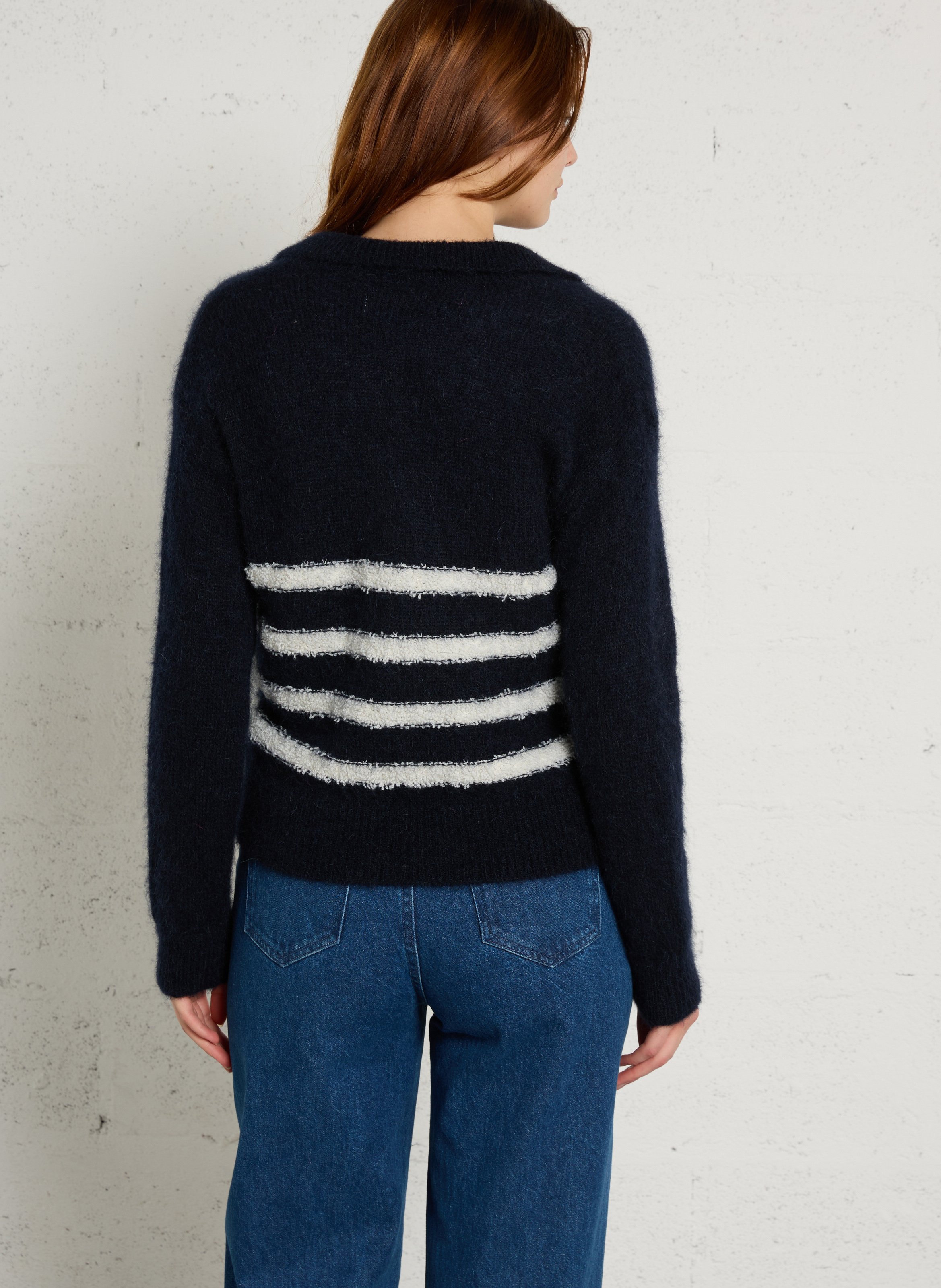 Gestreifter Pullover mit Polokragen aus Wollmischung DES PETITS HAUTS Blau