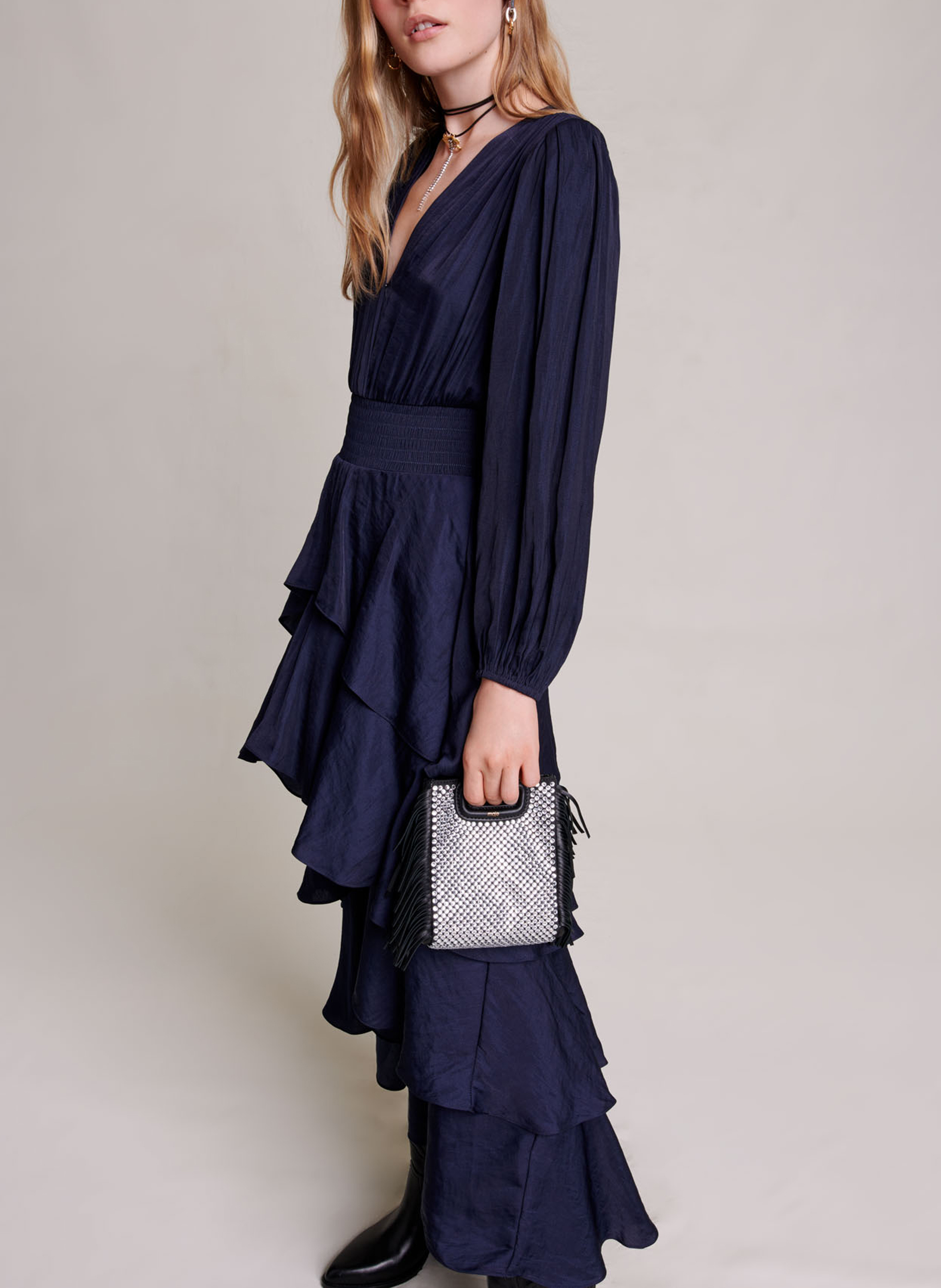 Long ruffled V-neck dress MAJE Blue