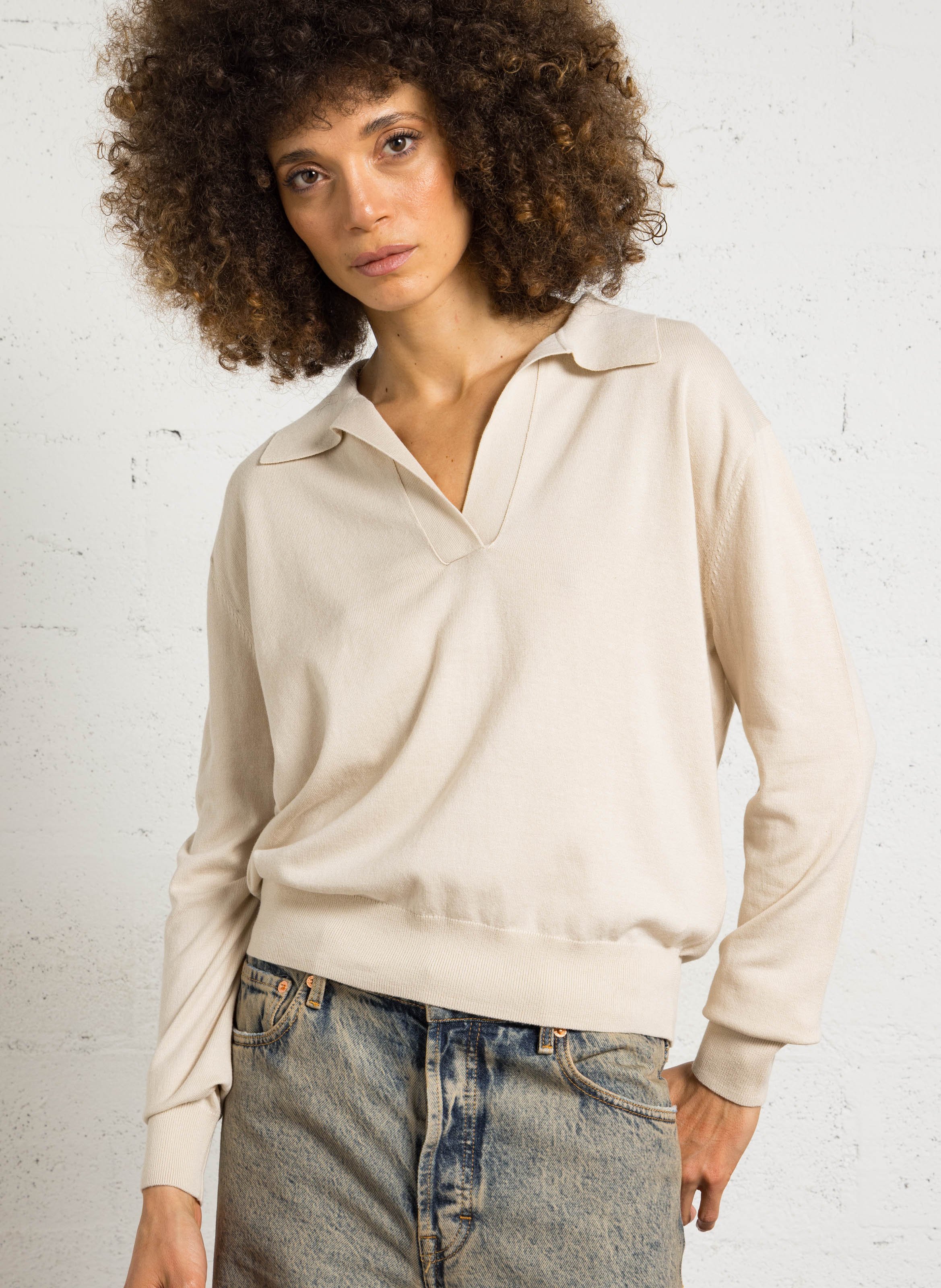 Pull oversize col V en coton mélangé JC SOPHIE Beige