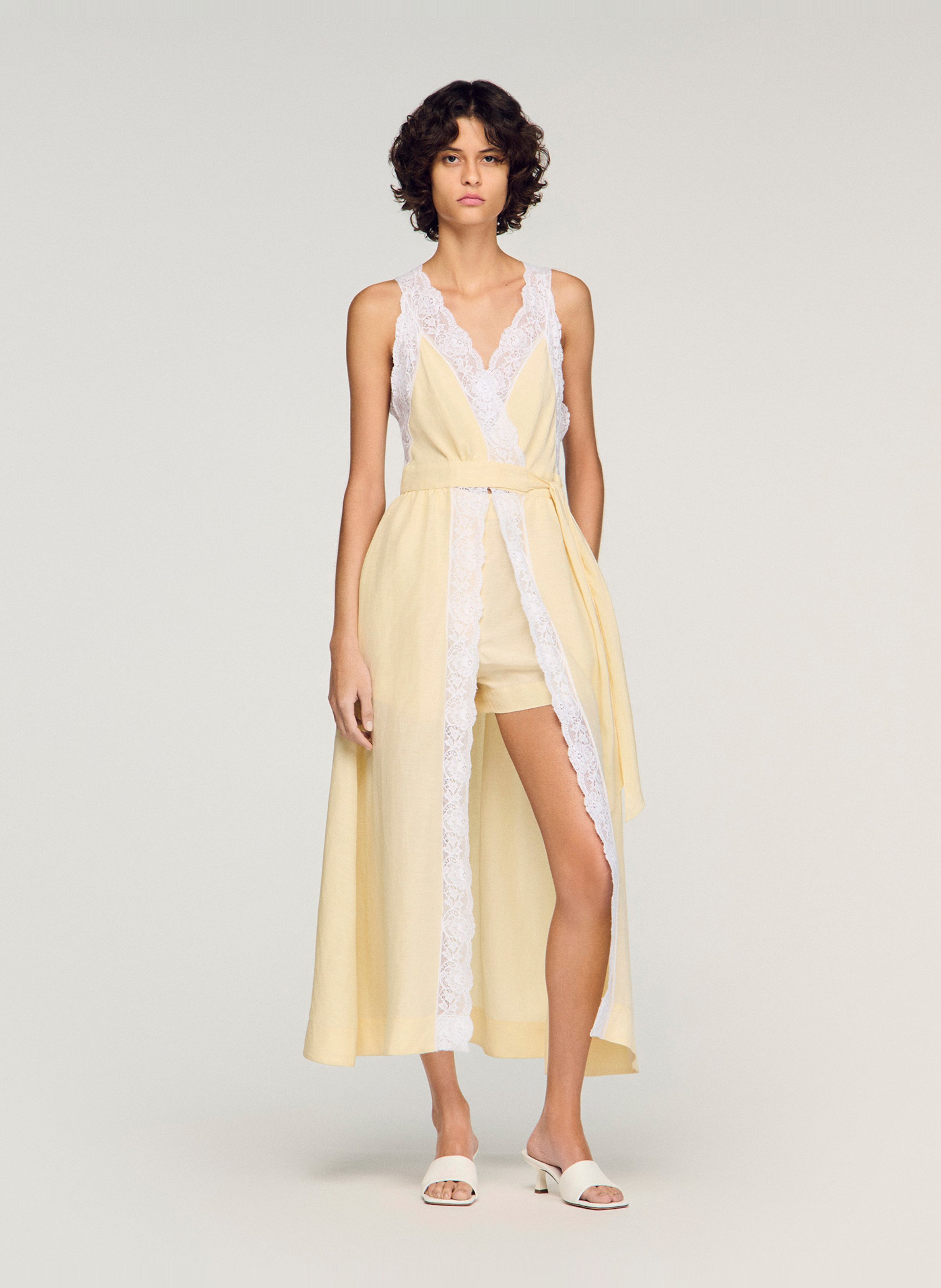 Robe longue col V en lin mélangé SANDRO Beige