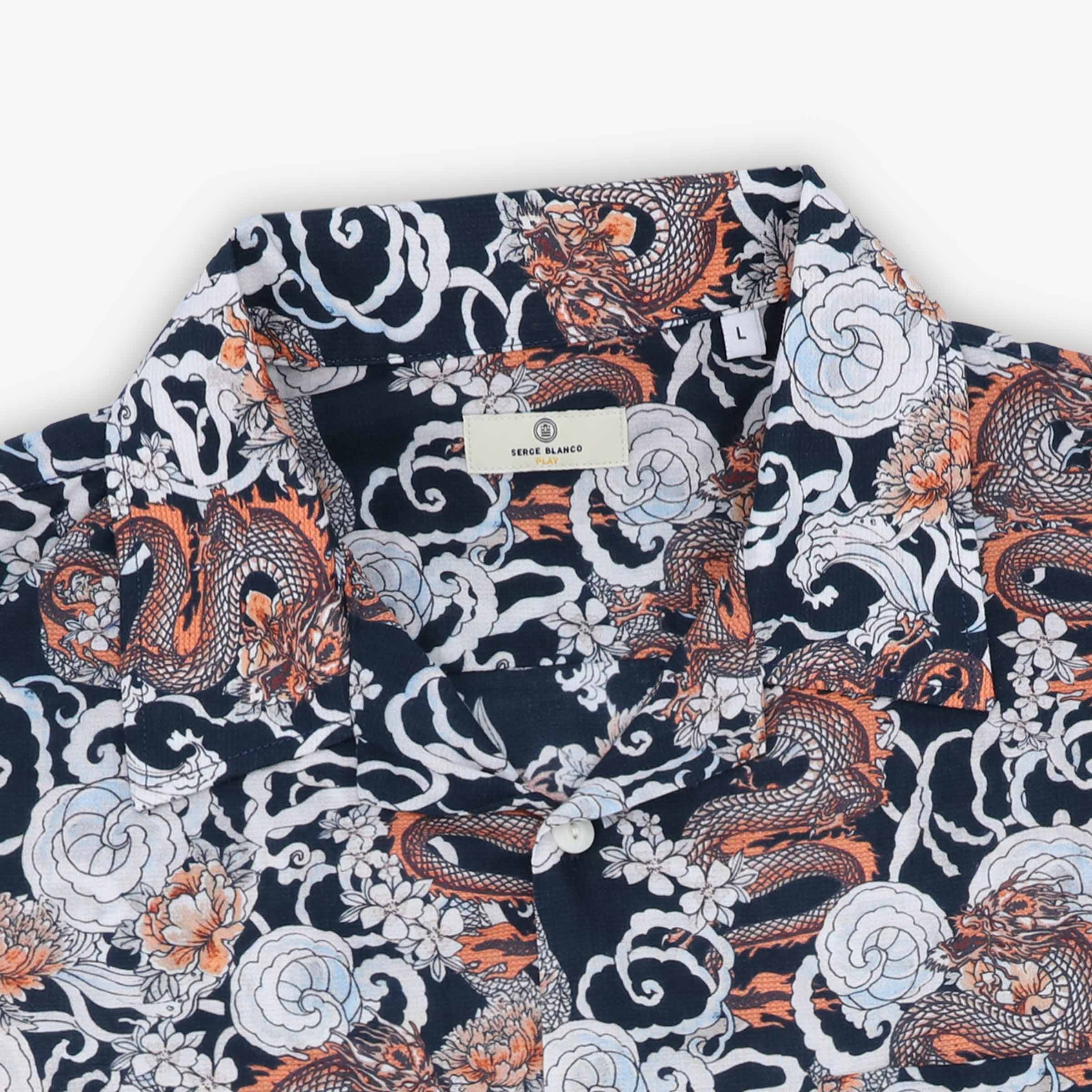 Short-sleeved cotton shirt with dragon print SERGE BLANCO Blue
