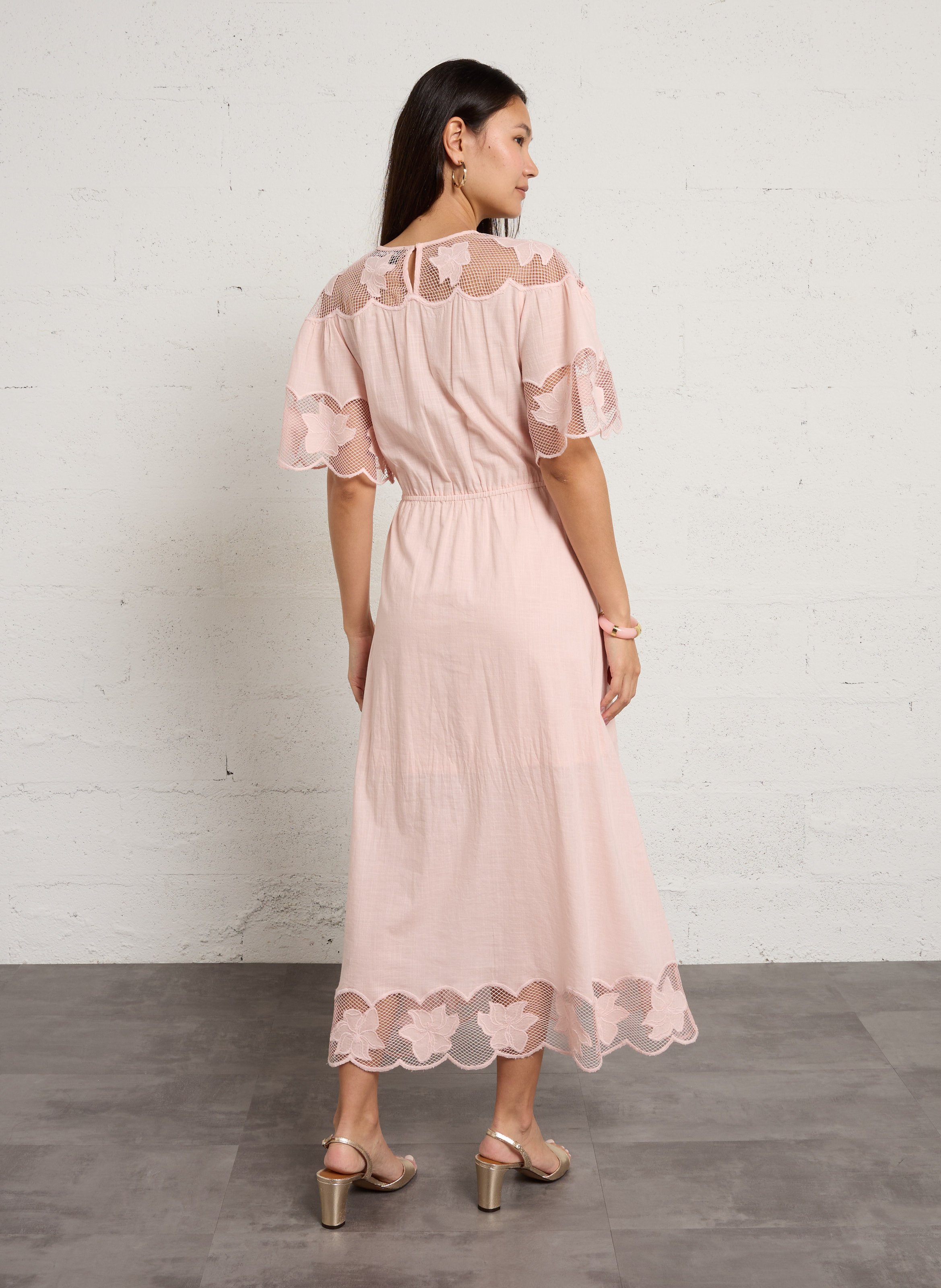 Robe longue col rond en coton BERENICE Rose
