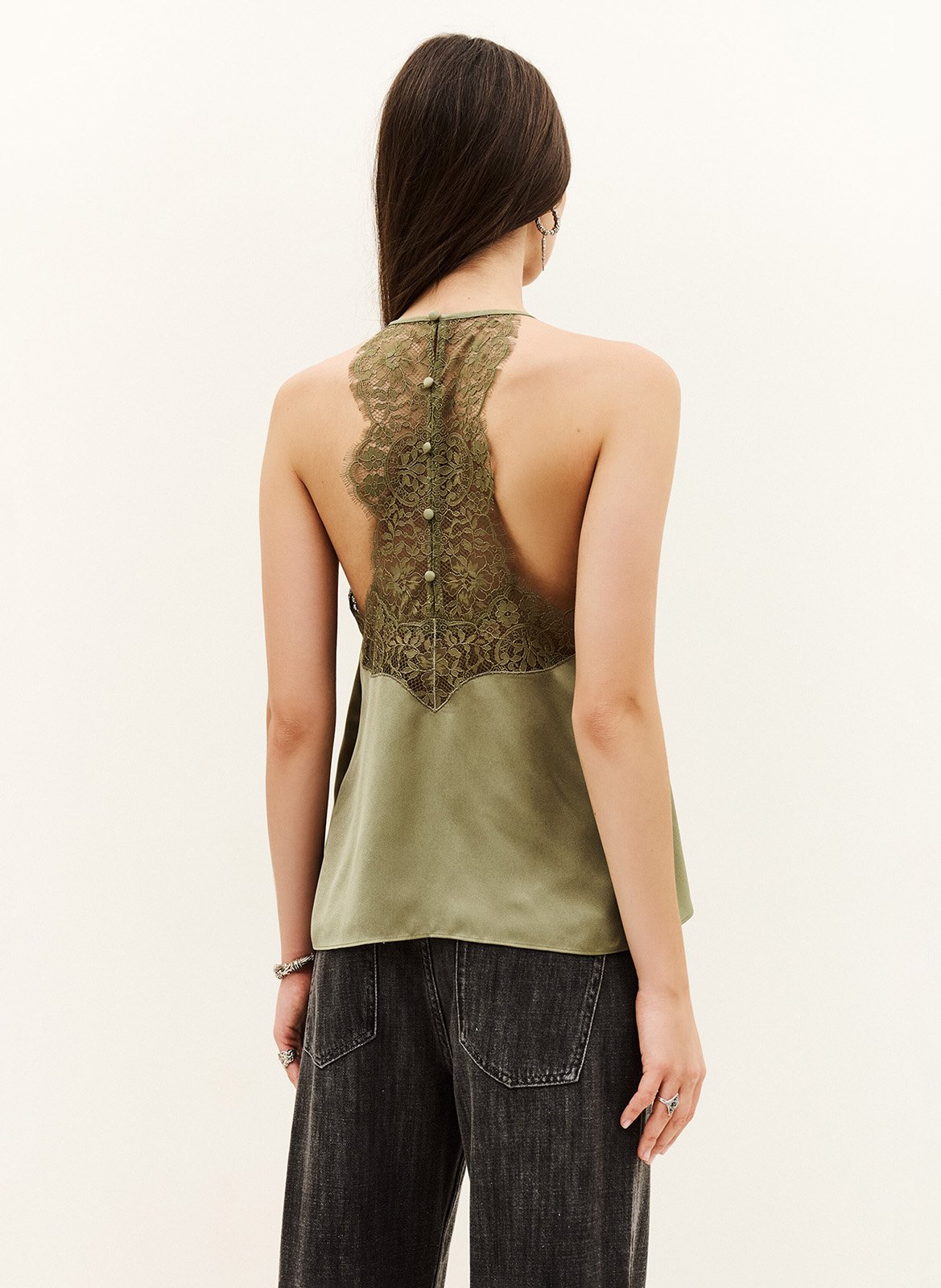 Top sans manches satin à dentelle BA&SH Kaki