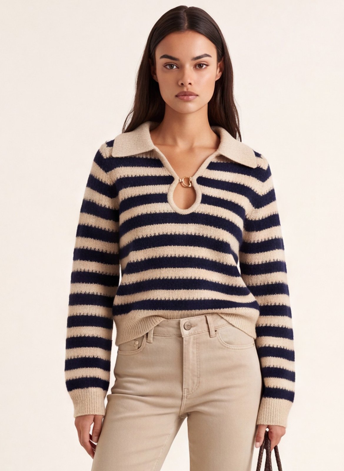 Gerader gestreifter Strickpullover KOOKAI Beige