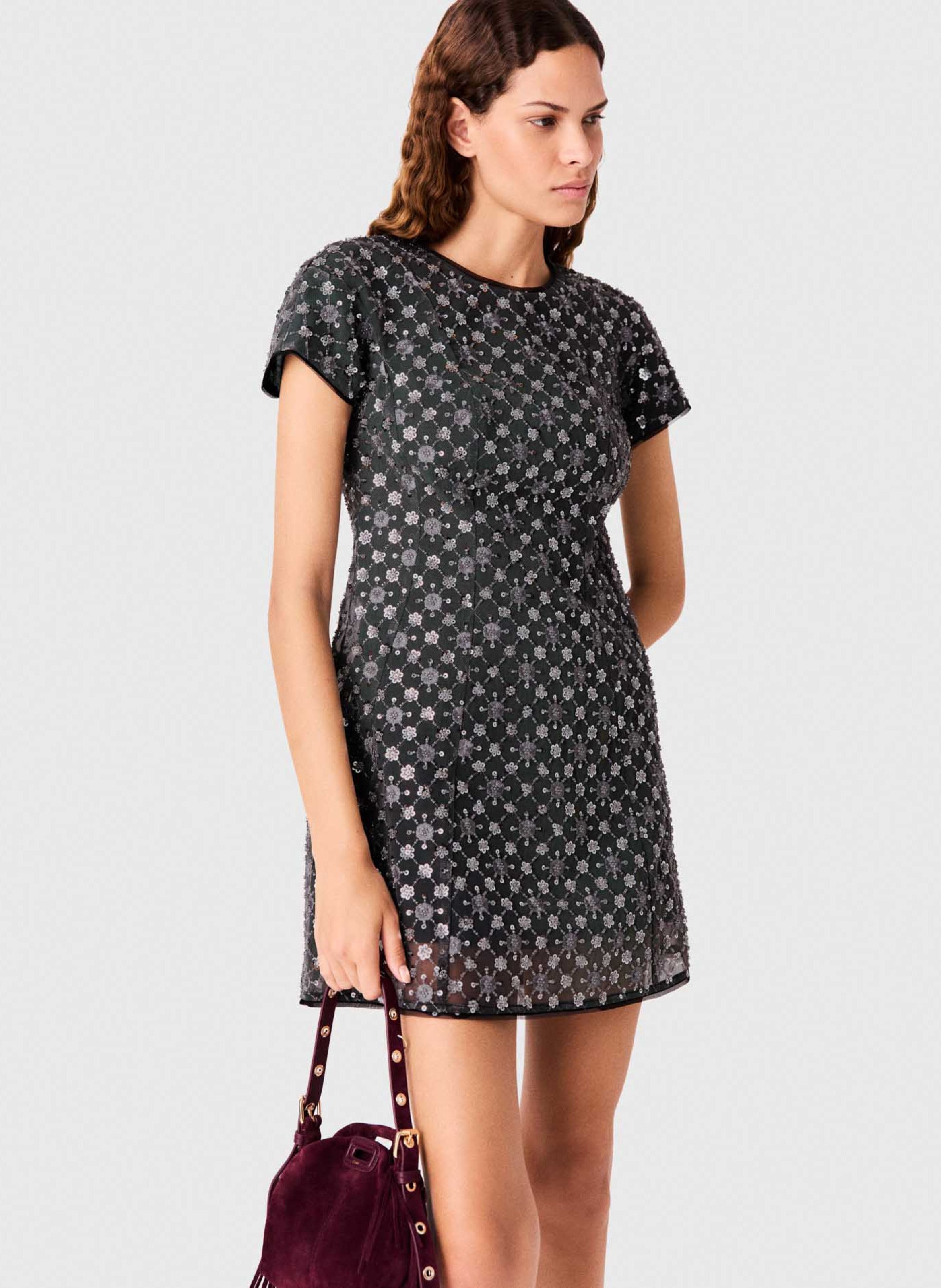 Robe courte strassée à manches courtes MAJE Gris